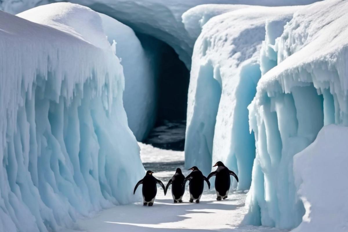 High-wall ice canyon in Antarctica with three penguins riding down to the sea