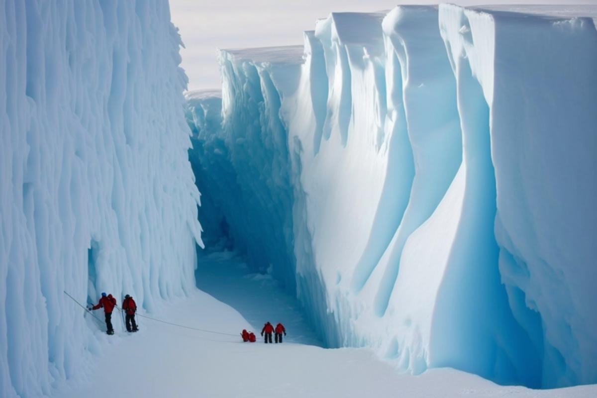 High-wall ice canyon in Antarctica with three penguins riding down to the sea