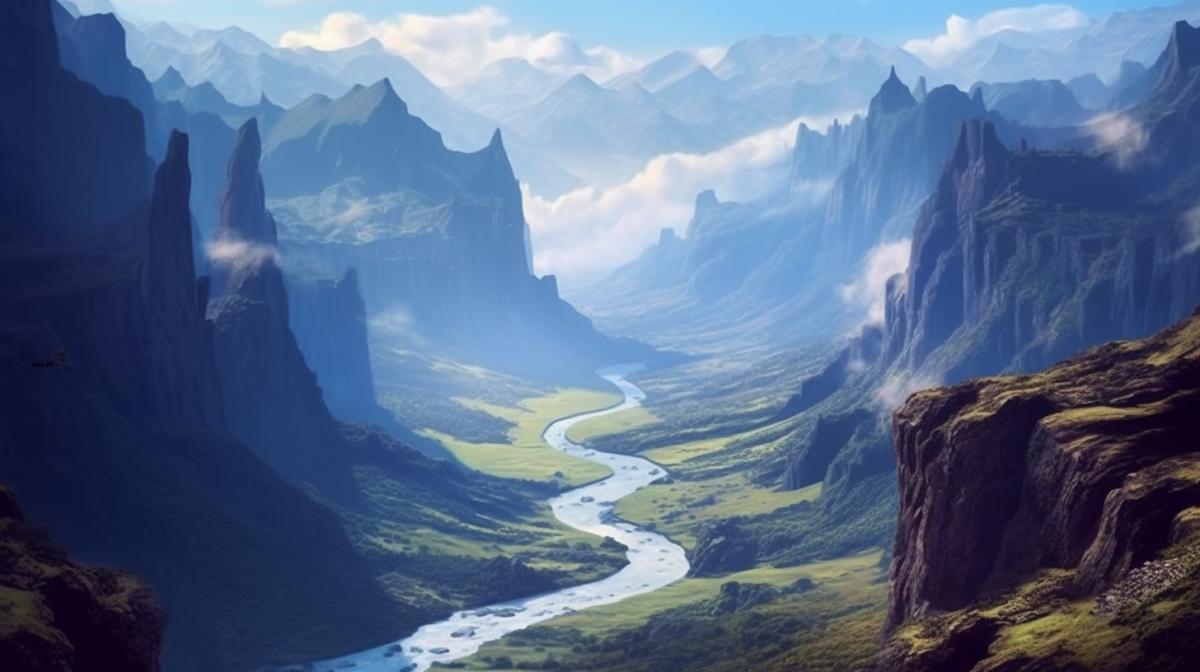 imagine yourself as a photographer. generate a canyon of extraordinary beauty, steep bends of mountain slopes and river turns, blue sky with low clouds. photoreal