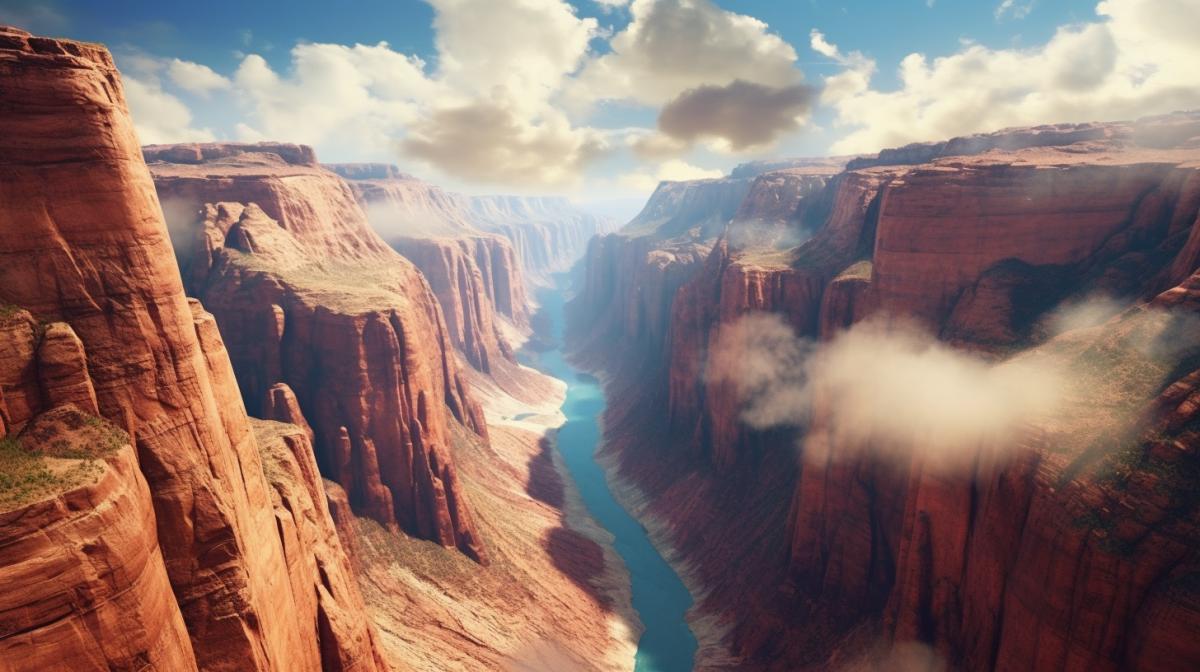 imagine yourself as a photographer. generate a canyon of extraordinary beauty, steep bends of mountain slopes and river turns, blue sky with low clouds. photoreal