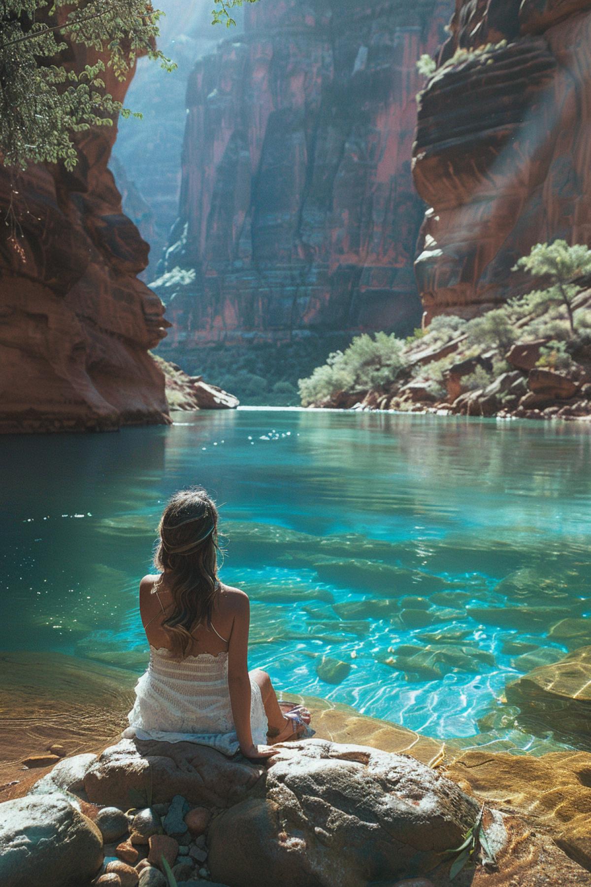 Lake with sapphire water at the bottom of a picturesque canyon, elf girl