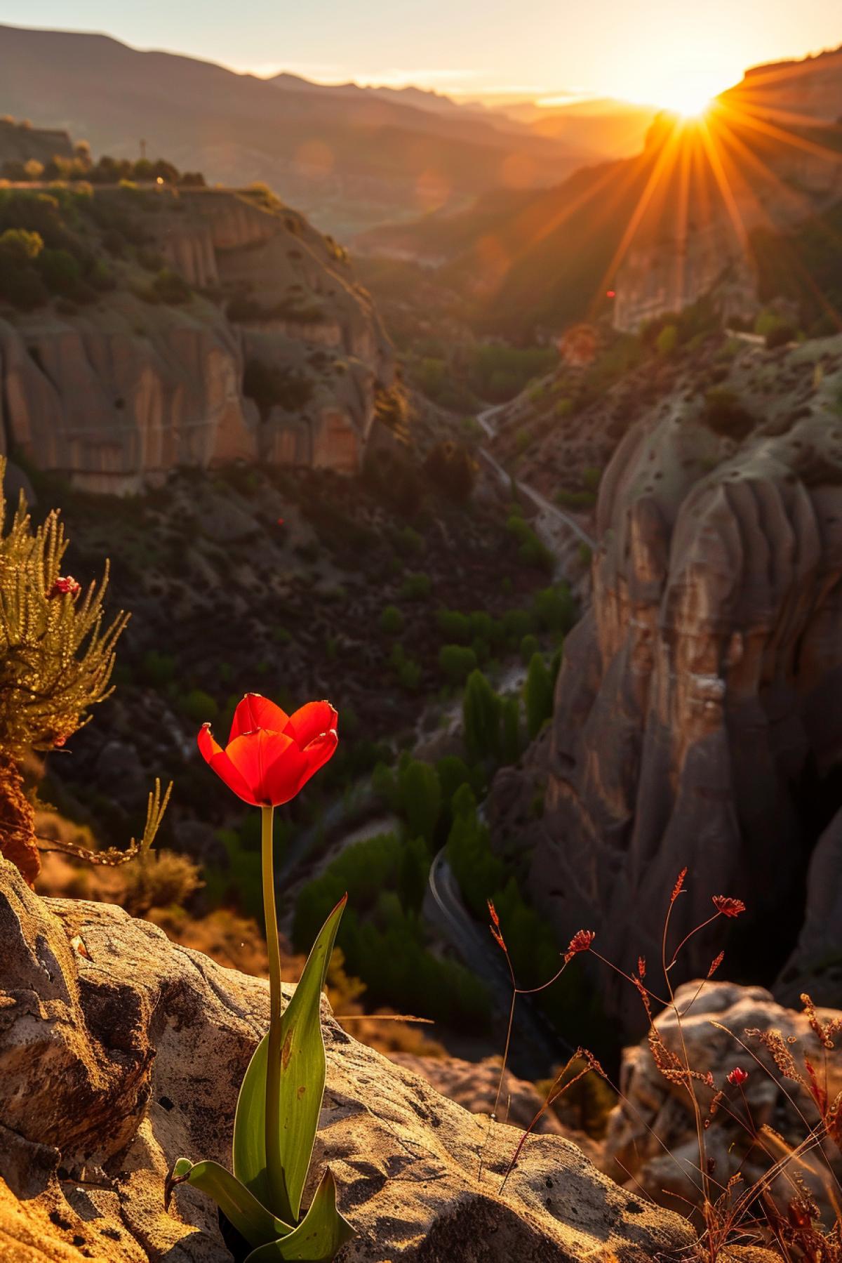 Lonely red tulip at the bottom of a beautiful canyon, golden hour