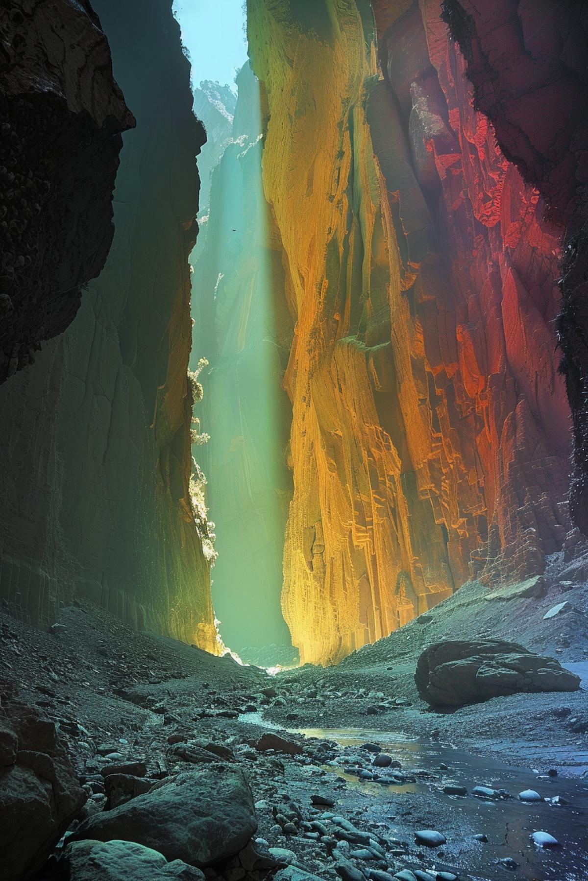 A rainbow ray of sunlight penetrates the bottom of a canyon in the Andes