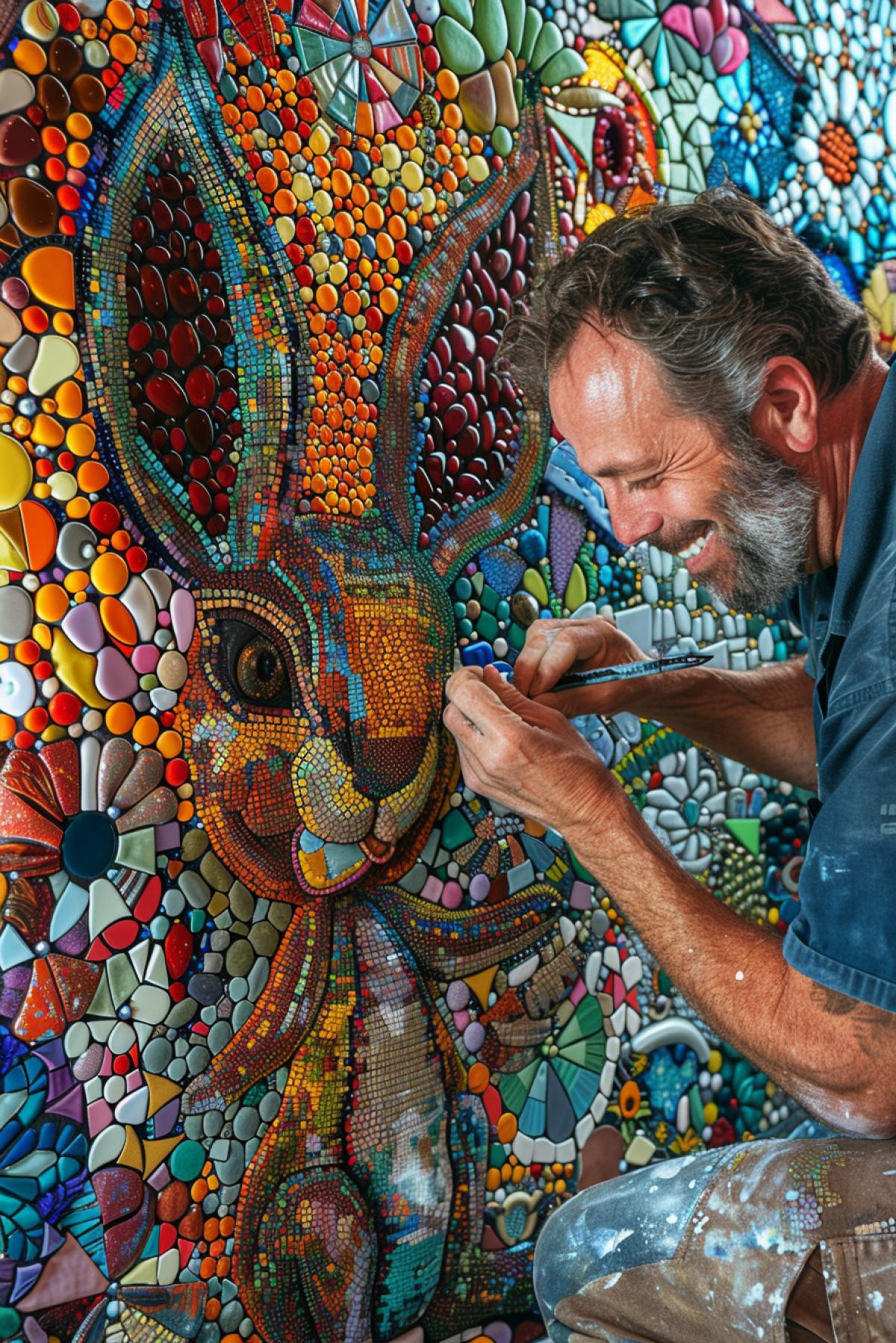 The artist good almighty smiling building up 3d animals of tiny tile pieces on the background of tiled mosaic environment around