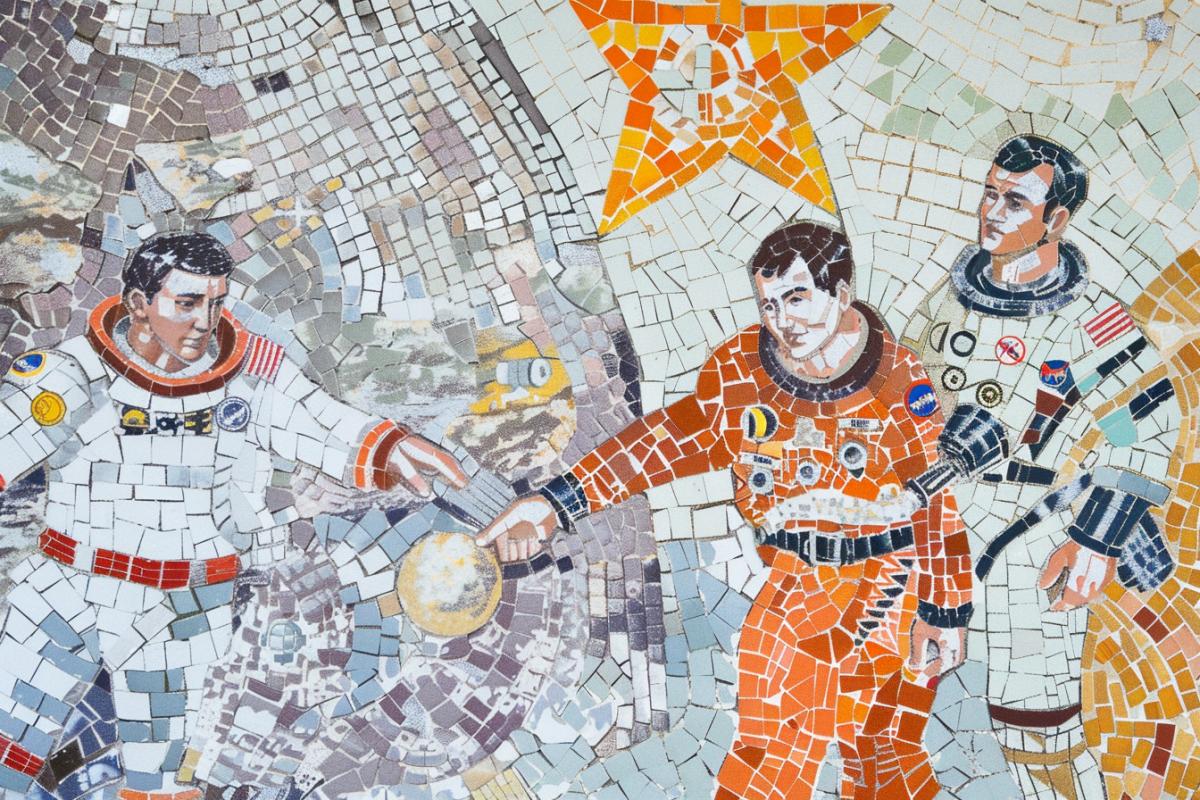 Soviet mosaic with scientists and cosmonauts