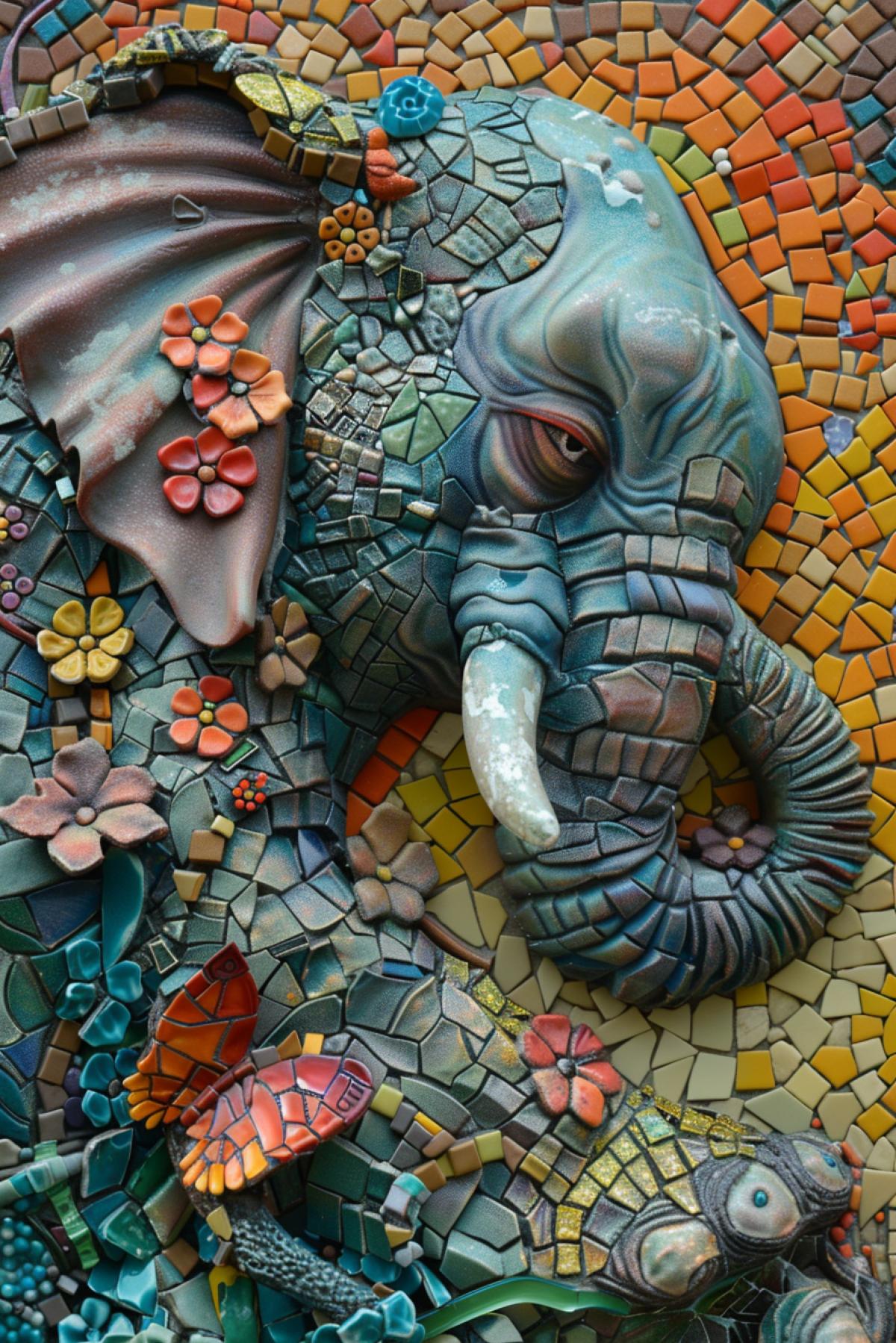 The artist god almighty smiling building up 3d animals of tiny tile pieces on the background of tiled mosaic environment around