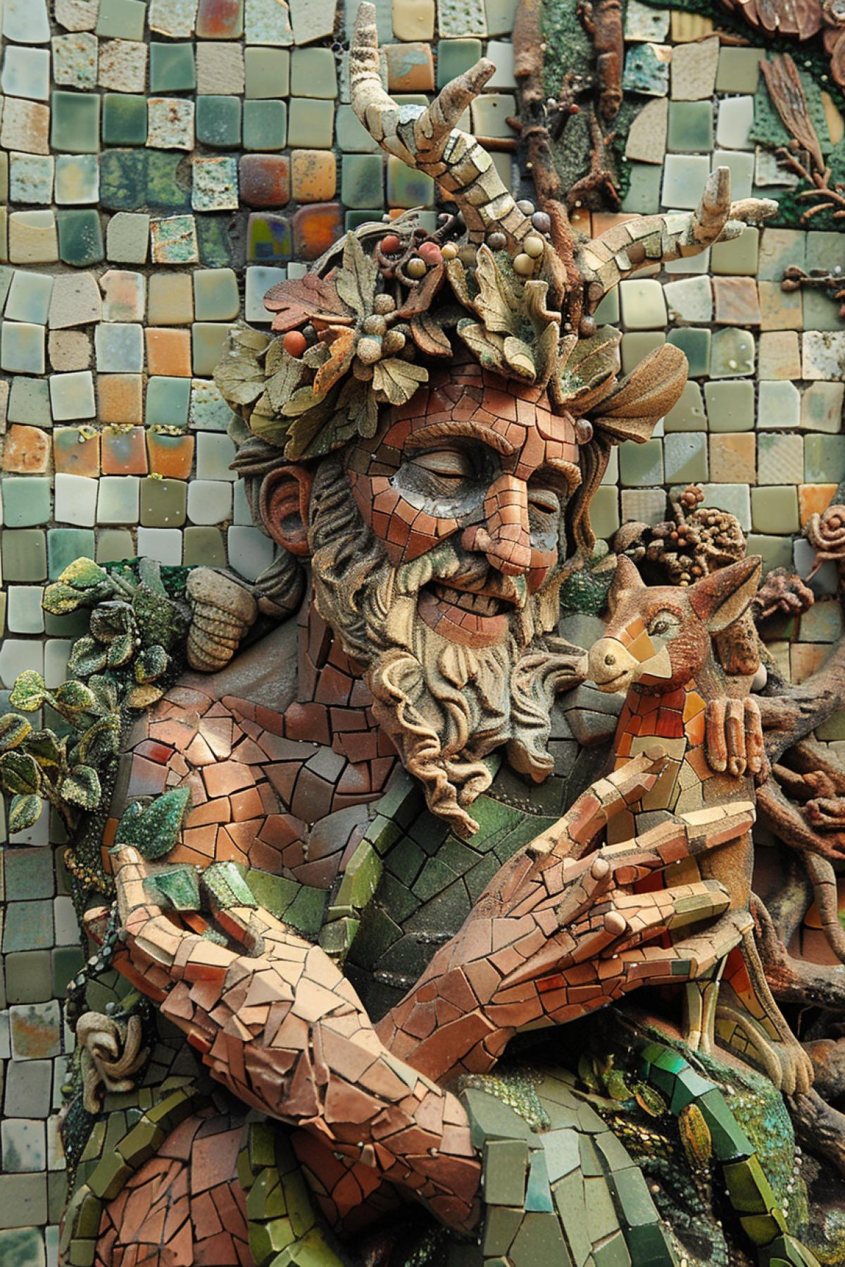 The god as artist smiling building up 3d animals of tiny tile pieces on the background of tiled mosaic environment around