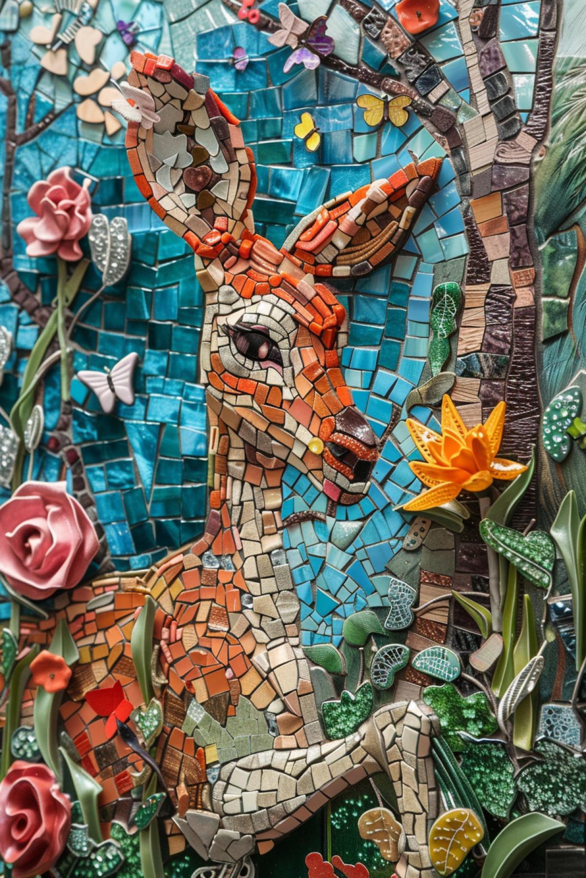 God the lord almighty builds up 3d animals of tiny tile pieces on the background of tiled mosaic environment around