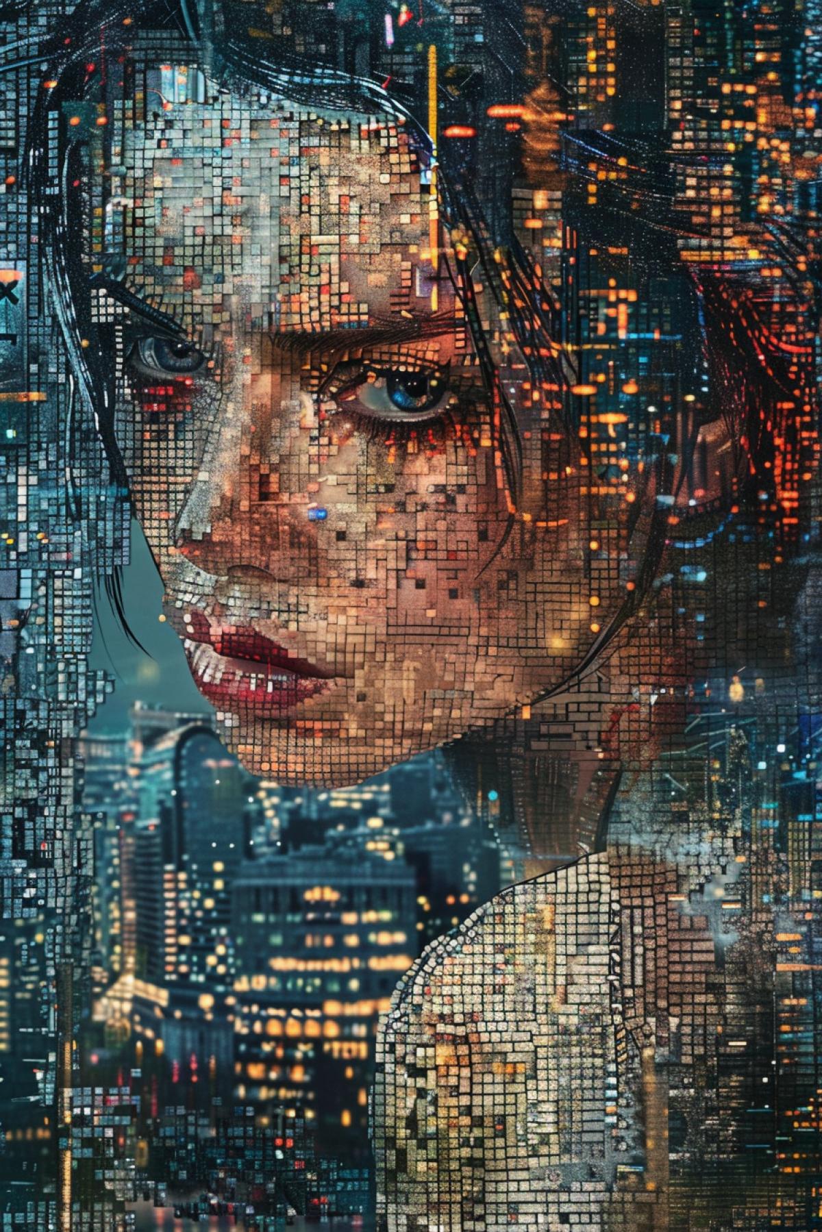 24-year-old beautiful girl built up of tiny tiles on the background of Cyberpunk futuristic city environment tile mosaic 3d picture