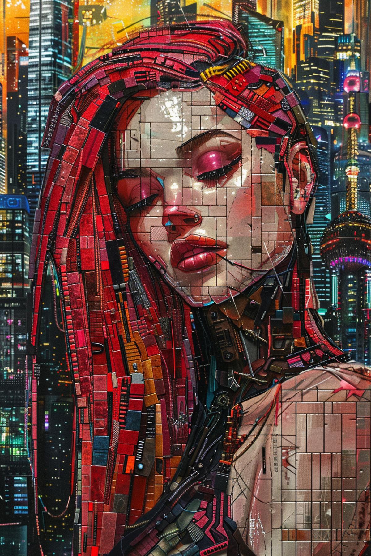 24-year-old beautiful girl built up of tiny tiles on the background of Cyberpunk futuristic city environment tile mosaic 3d picture