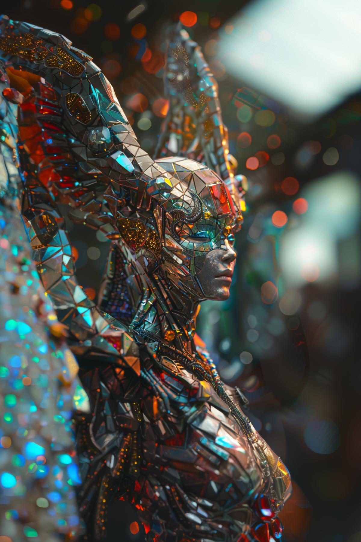 Multi-colored mosaic, obsidian, rubies, emeralds, Astartes girl, Warhammer, mosaic girl, aesthetic 4k, high quality, volumetric lighting, maximum detail, studio quality