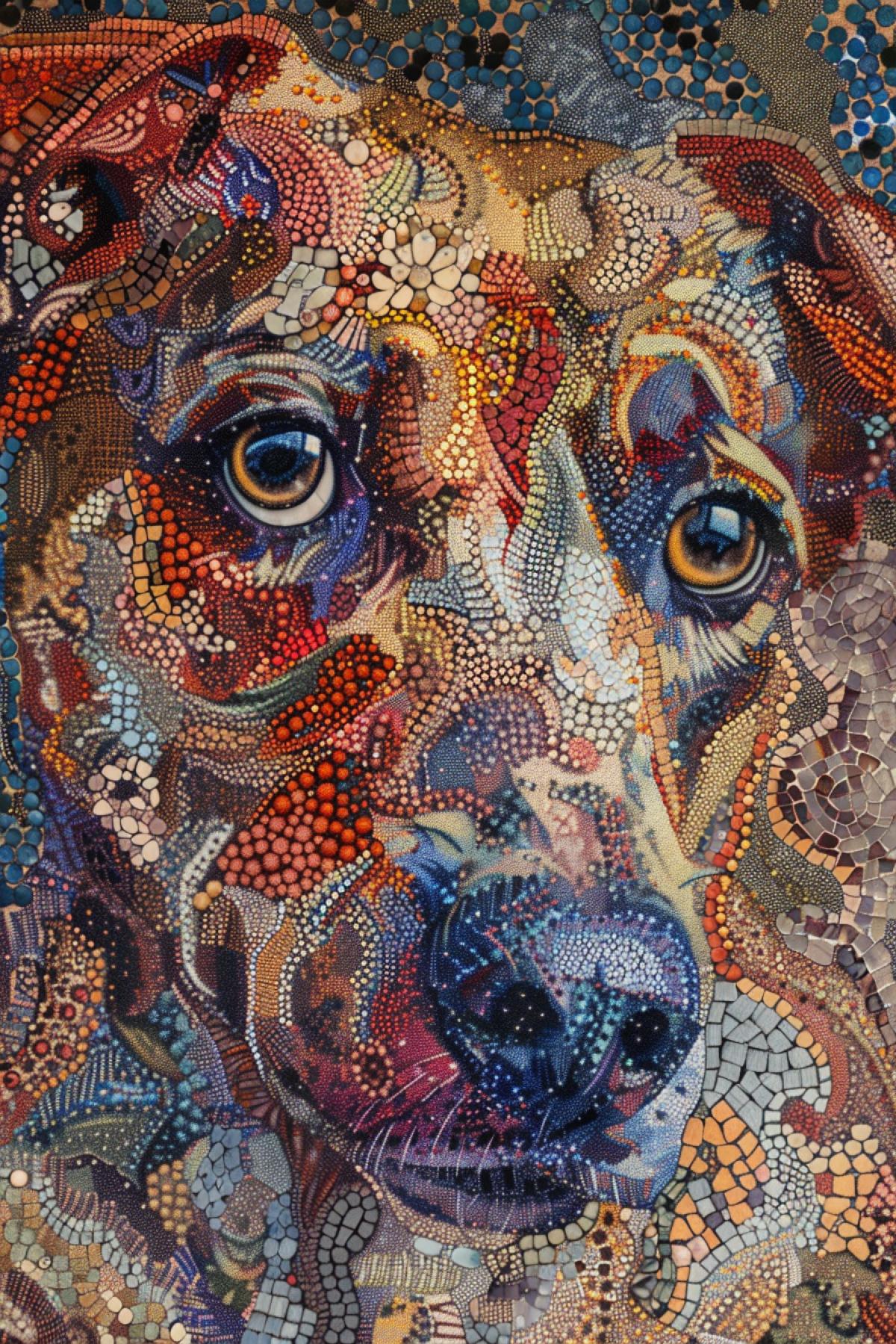 a painting of a Dog in the style of abstract illusions, mosaic-inspired realism, light indigo and crimson, pointillist optical illusions, ritualistic masks, shiny eyes