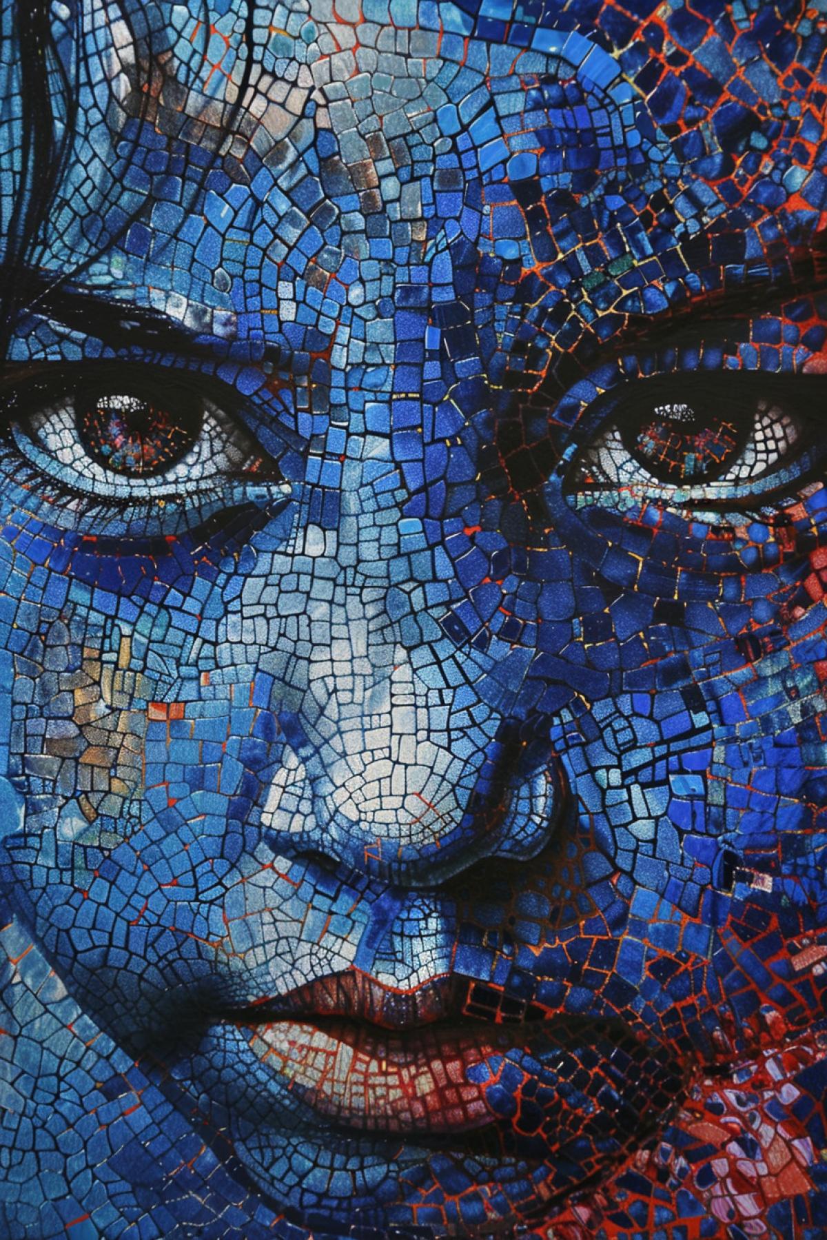 a painting of a Child in the style of abstract illusions, mosaic-inspired realism, light indigo and crimson, pointillist optical illusions, ritualistic masks, shiny eyes