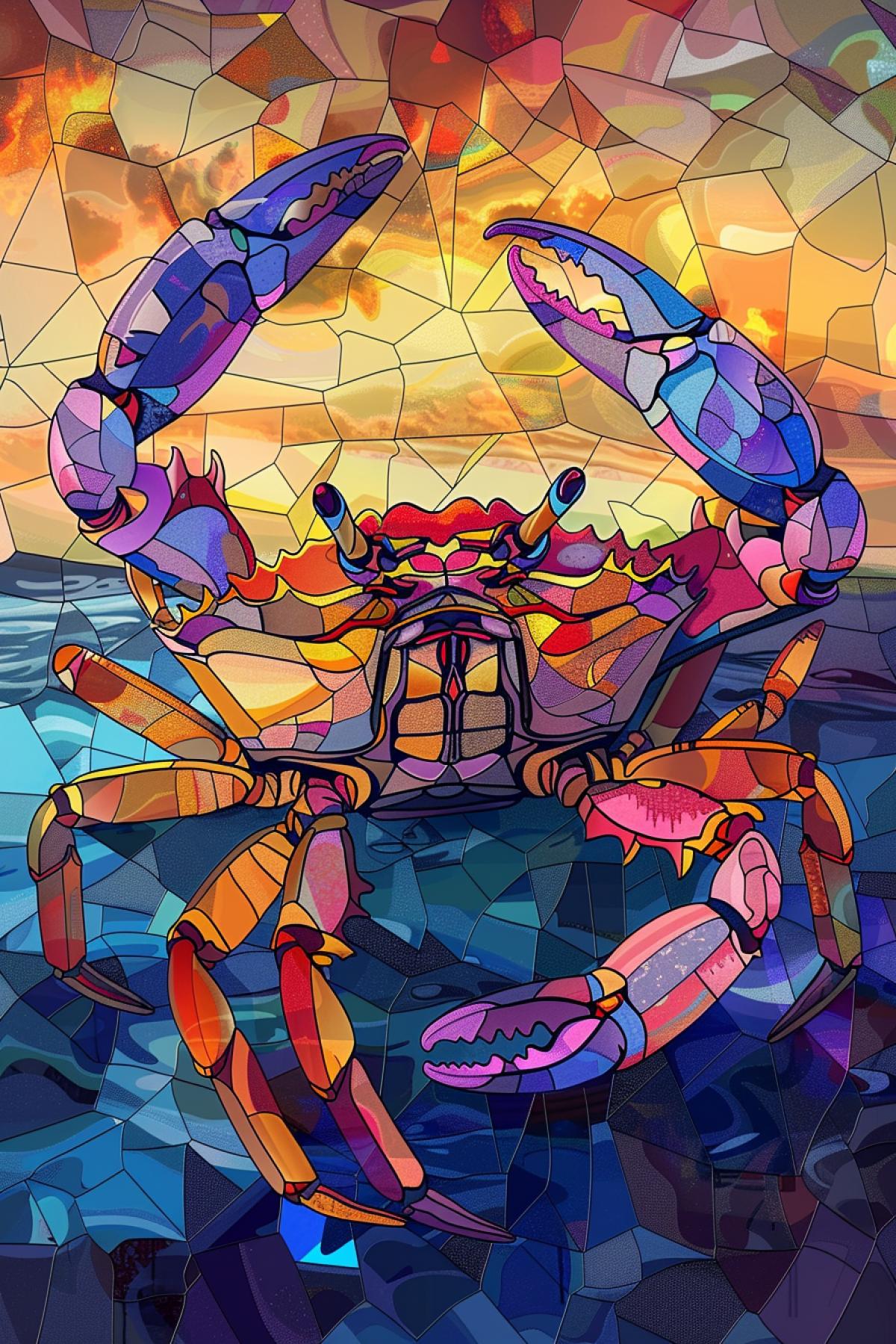 the cancer art with a crab by person, in the style of pop art color juxta4k, luminous skies, animated mosaics, delicate shading, sgraffito, lightbox, wimmelbilder