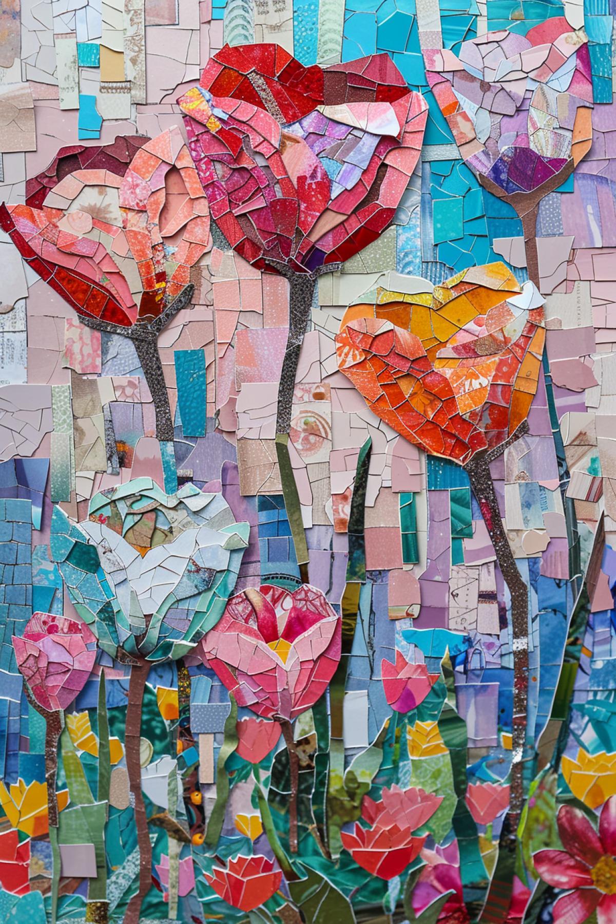 a paper mosaic with a design of colorful flowers, in the style of desolate landscapes, packed with hidden details, mosaic painting, light red and light blue, colorful storytelling, textured shading, colorful imagery
