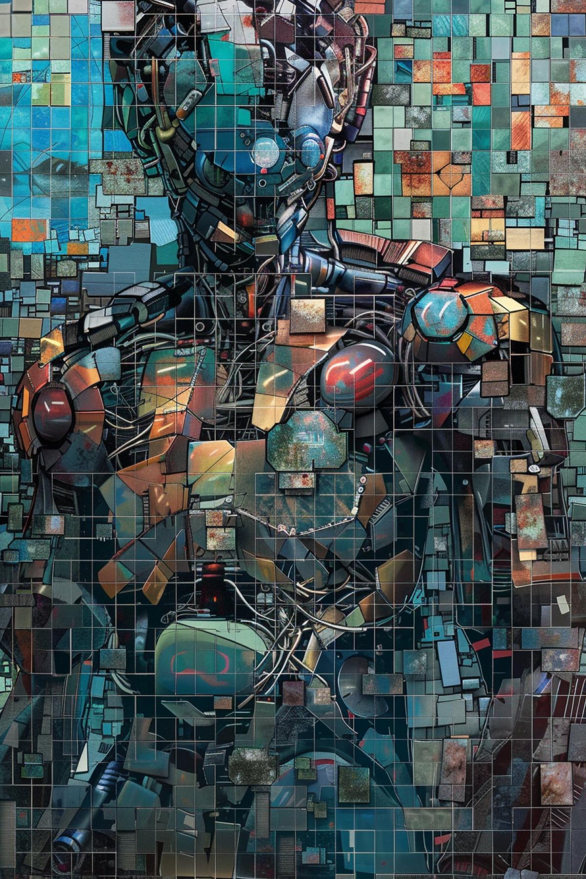 Futuristic machines and aggregates built up of tiny tiles plenty of details cyberpunk 3d technocollage tiles mosaic