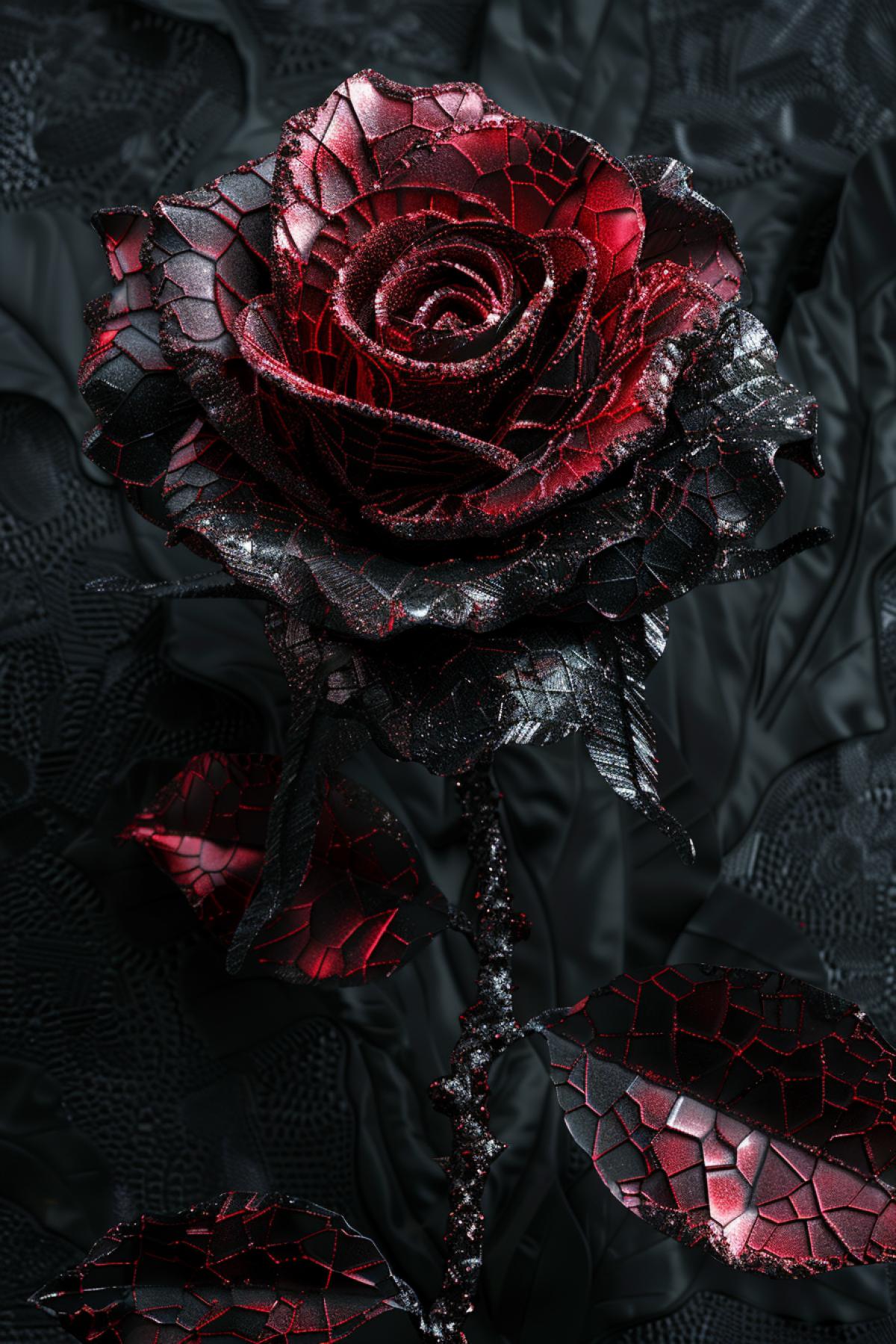 dark 3d rose built up of tiny mosaic elements on dark velvet background shocking beauty