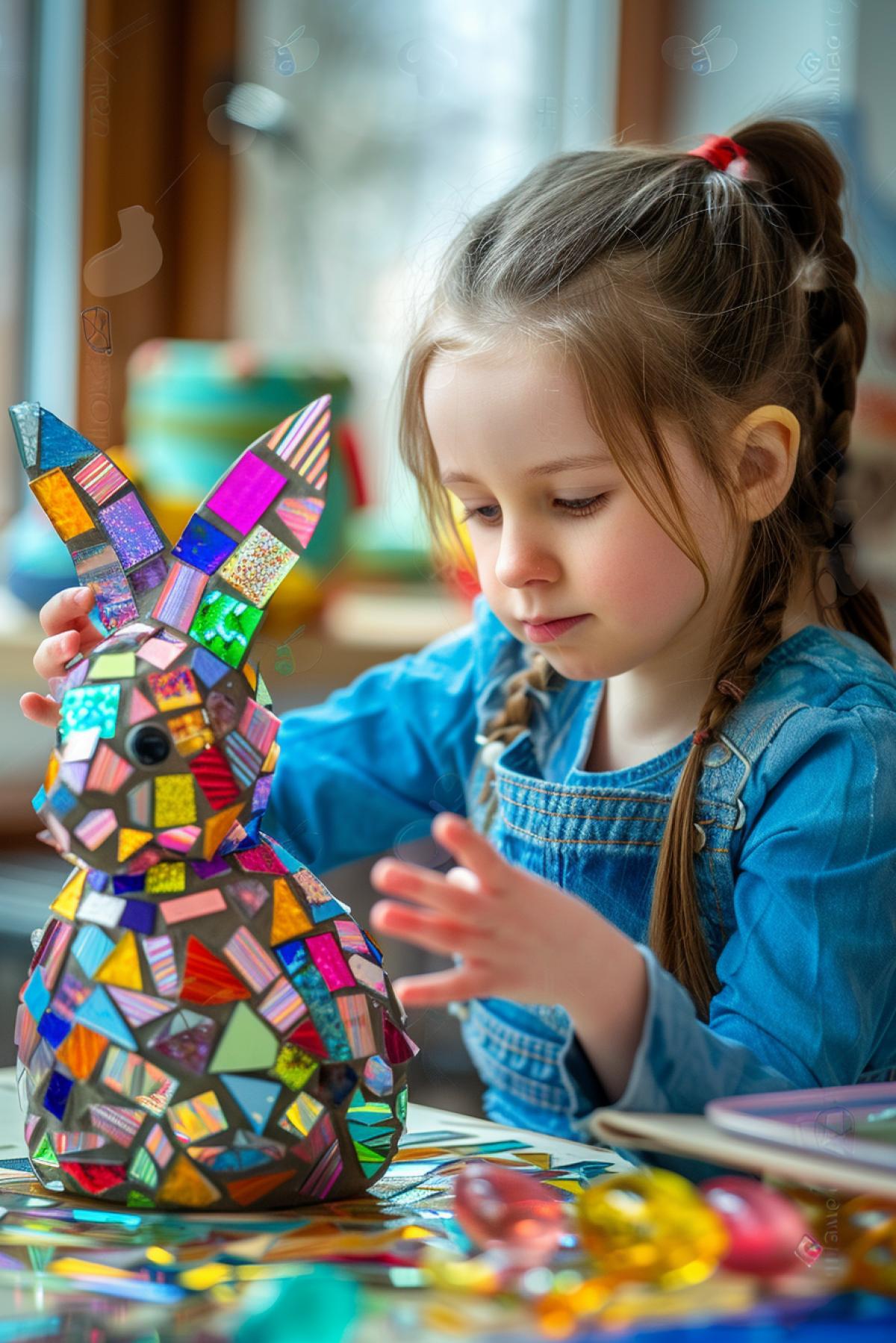 Easter bunny built up of kids mosaic glass multicoloured elements by cute 5-year-old girl
