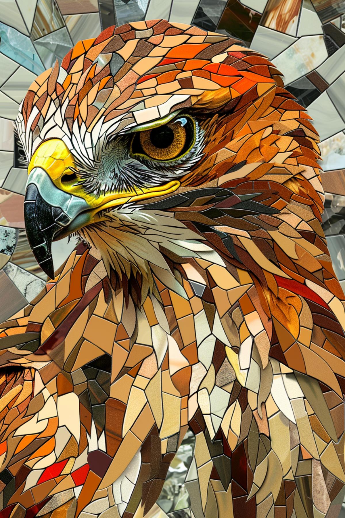 Mosaic 3d picture of hunting hawk built up of equal congruent elements