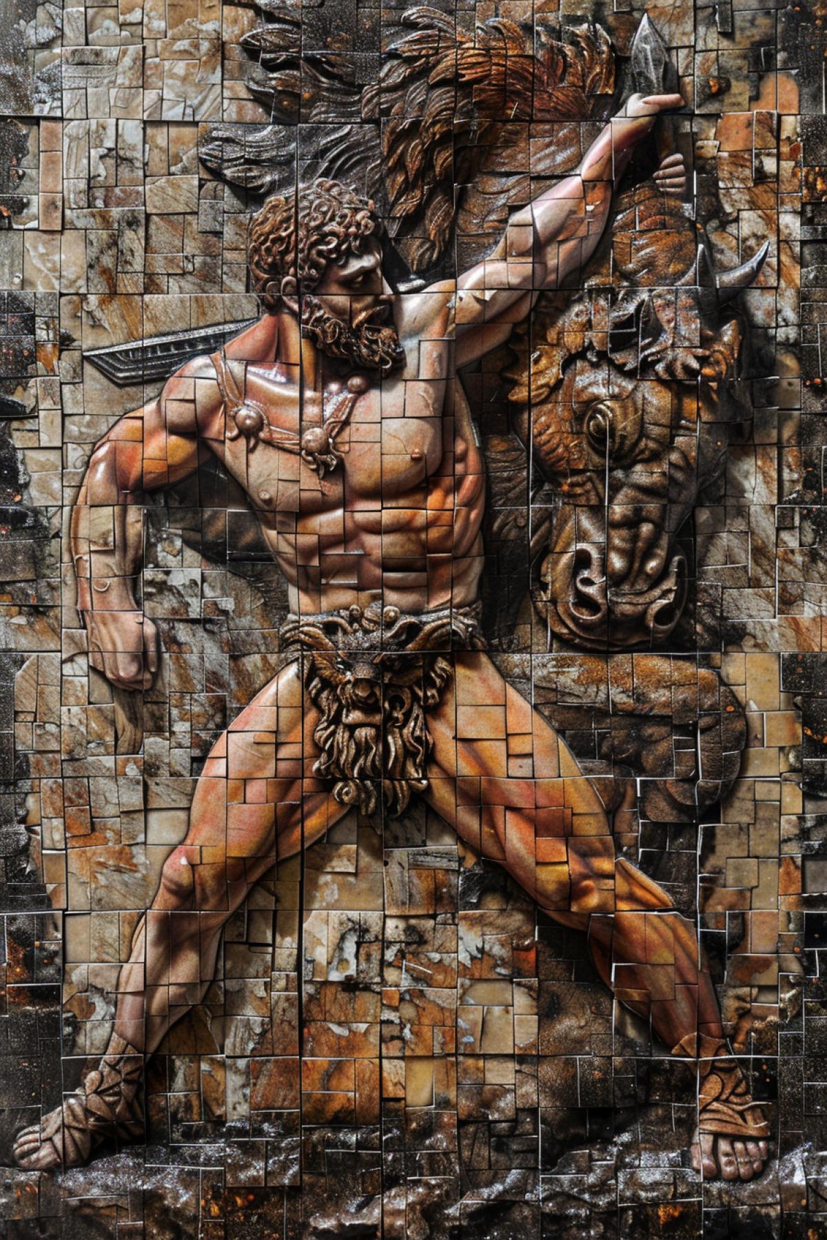 Hercules hiting Minotaur 3d mosaic tile panels