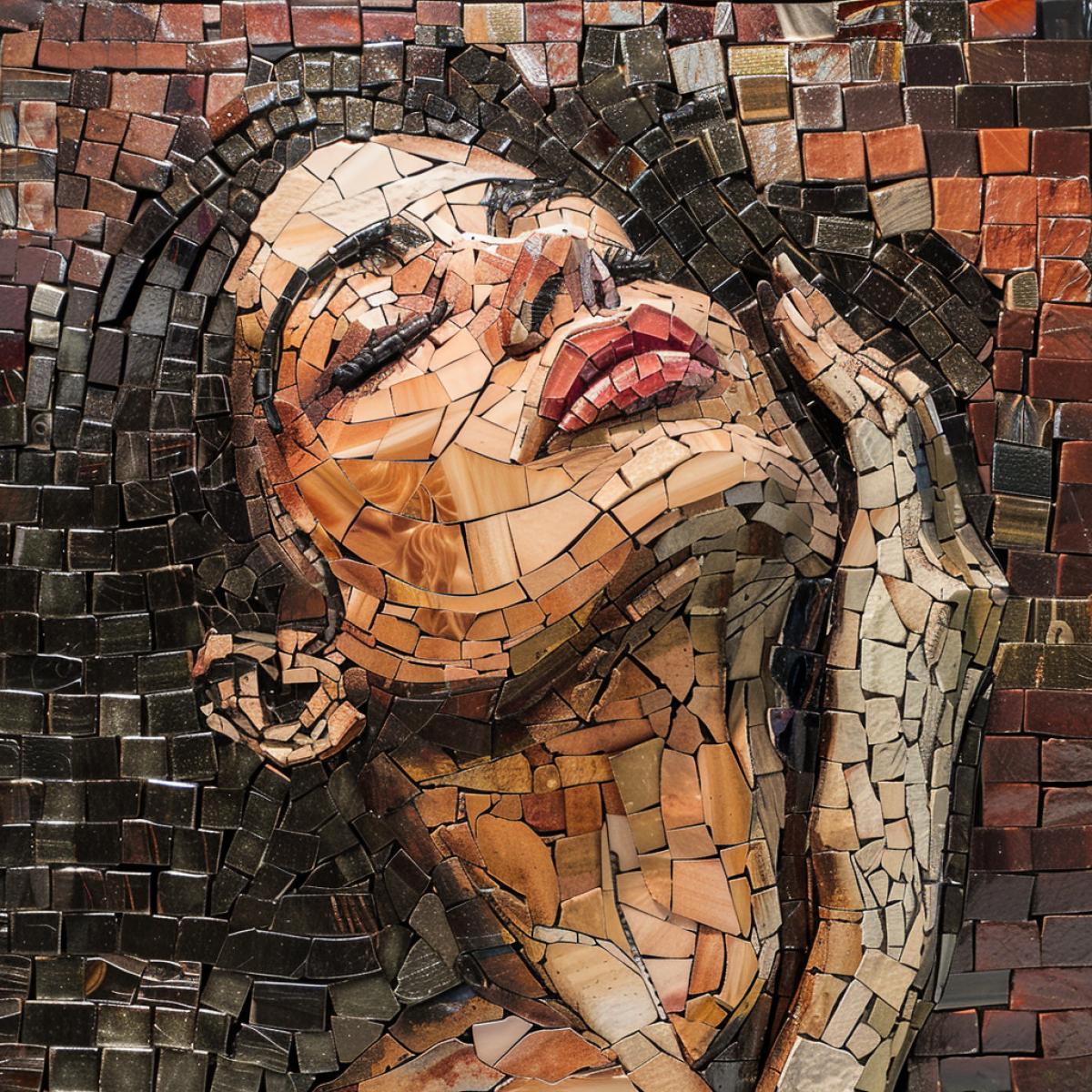 a mosaic piece of a woman that looks just like her, in the style of faith-inspired art, nostalgic paintings, 20th century art, made of glass, serene faces, made of cardboard, minolta srt-101