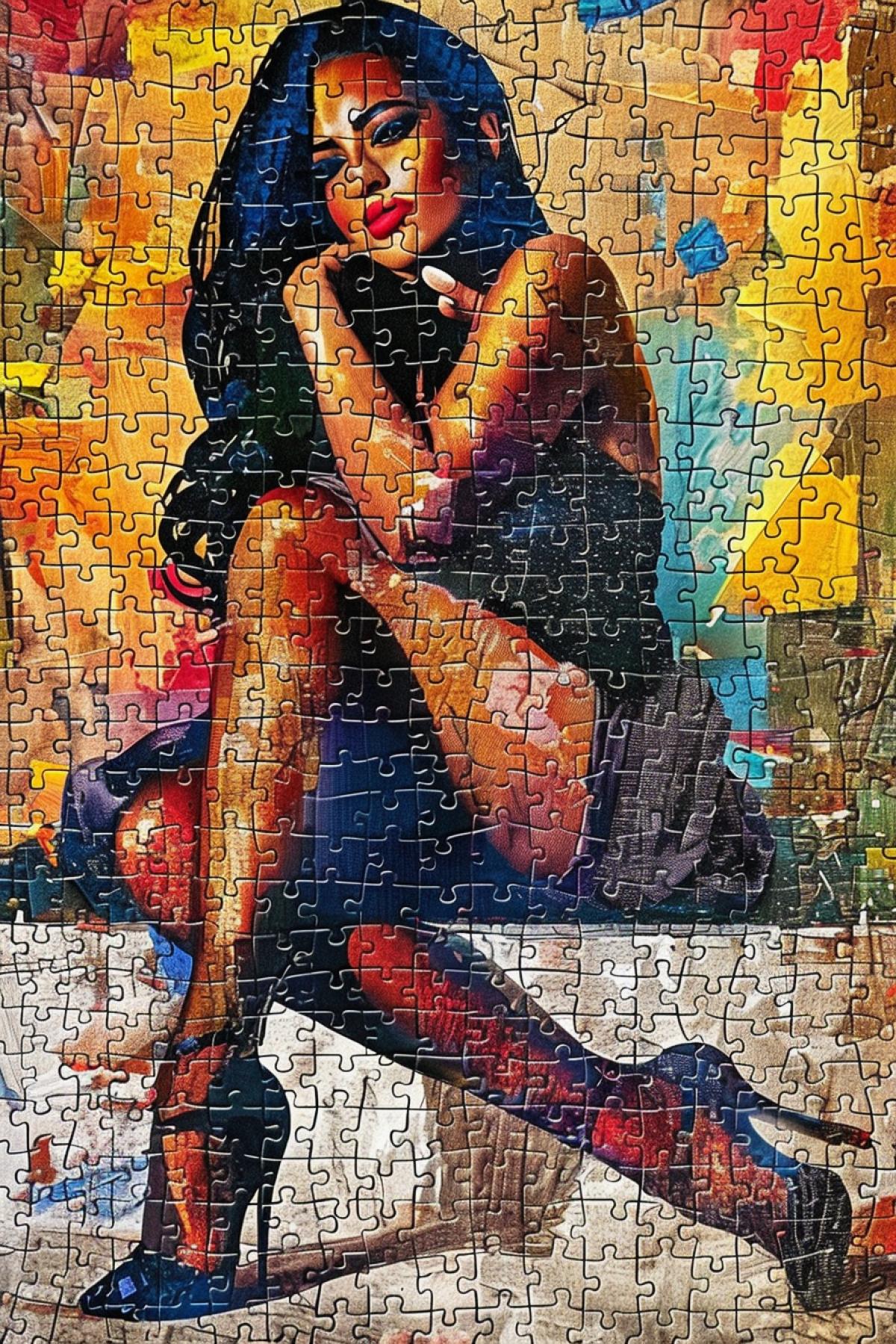 Jigsaw puzzle of Leonardos Gioconda wearing modern clothes high heels makeup scenic light photo session