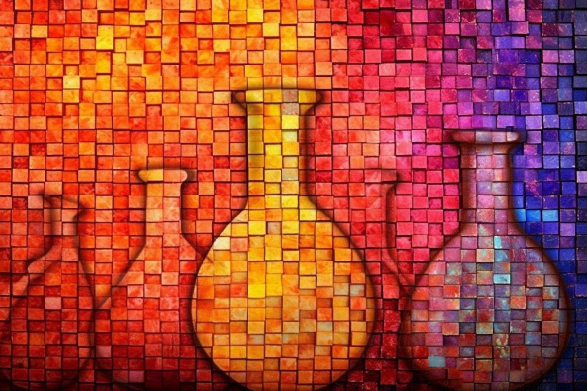 Mosaic depicting a chemical laboratory, colorful flasks, beautiful chemistry, mosaic