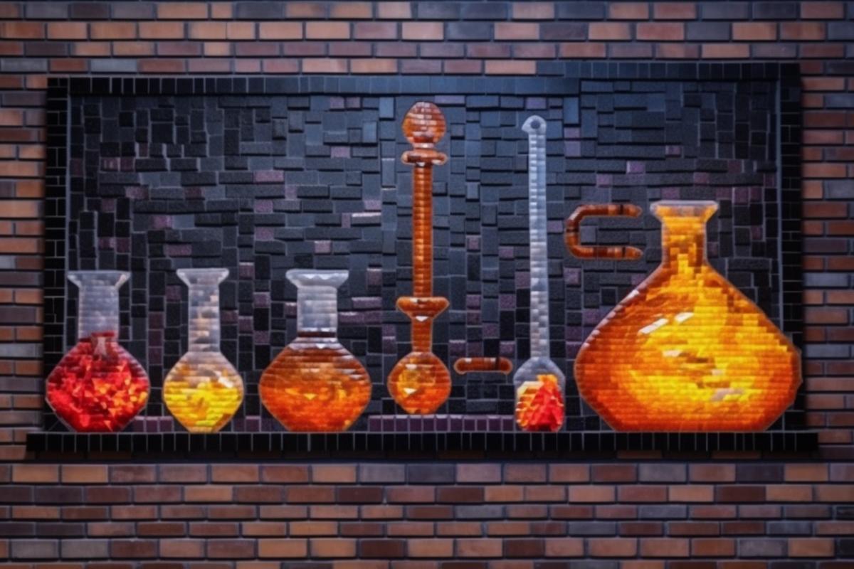 Mosaic depicting a chemical laboratory, colorful flasks, beautiful chemistry, mosaic