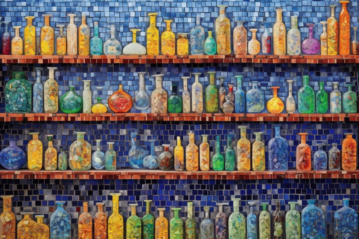Mosaic depicting a chemical laboratory, colorful flasks, glass tubes, chemical installation beautiful chemistry, mosaic