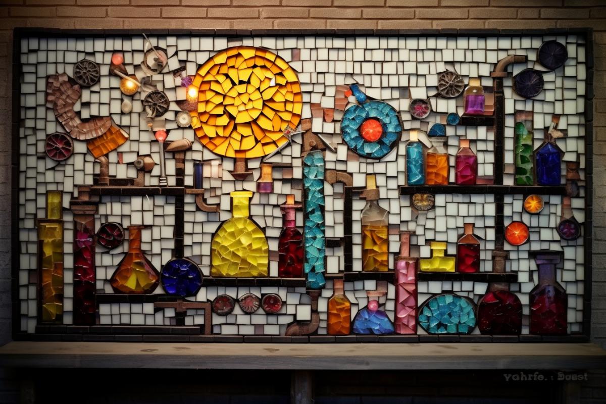 Mosaic depicting a chemical laboratory, colorful flasks, glass tubes, chemical installation beautiful chemistry, mosaic