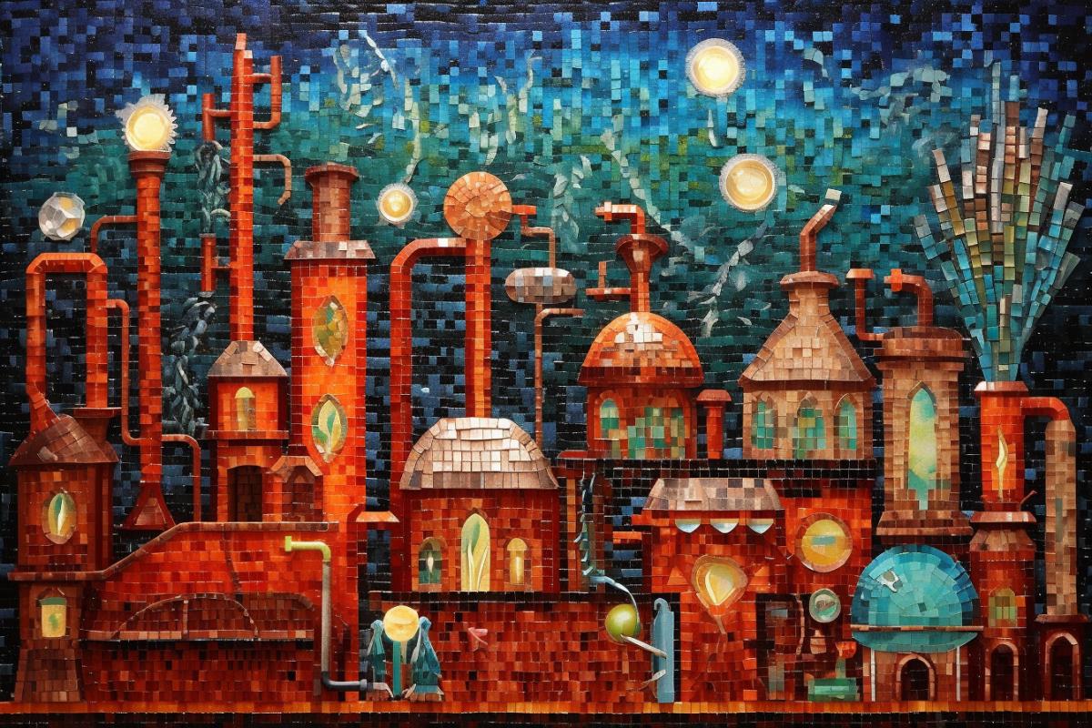 Mosaic depicting a chemical laboratory, colorful flasks, glass tubes, chemical installation beautiful chemistry, mosaic