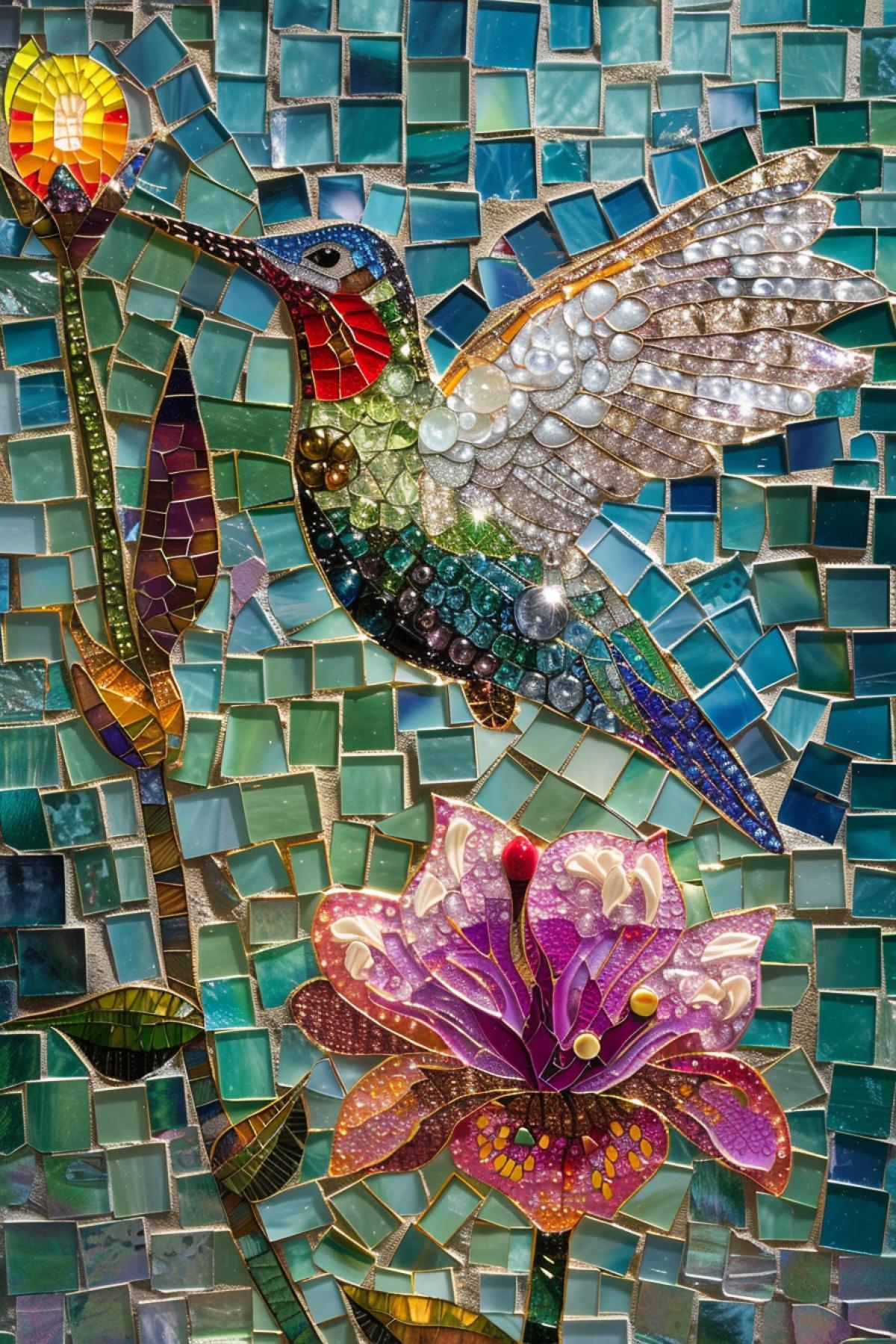 Painting, Hummingbird over a flower silver, gold, emeralds, sapphires, mosaic