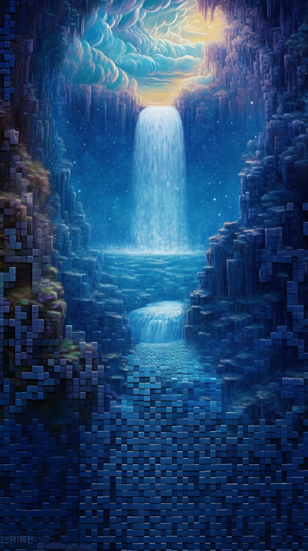 image laid out in mosaic style. volumetric .Waterfall over the universe