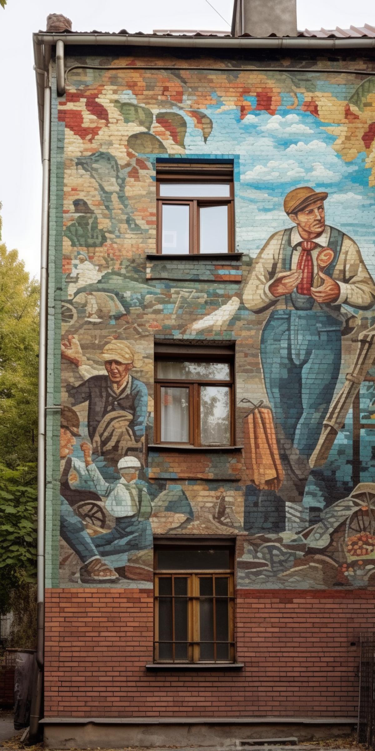 The house is five-story, on the wall of the house there is a Soviet mosaic depicting a Soviet worker and peasant woman, with gray and a hammer, the picture has the spirit of the 50s