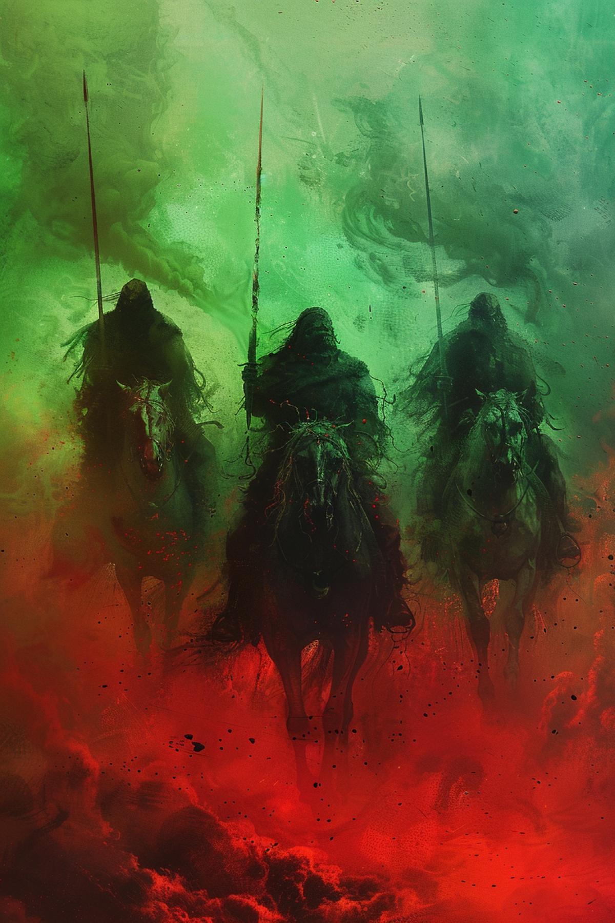 Three semitransparent riders of apocalypse art by Zdzisław Beksiński red and green palette