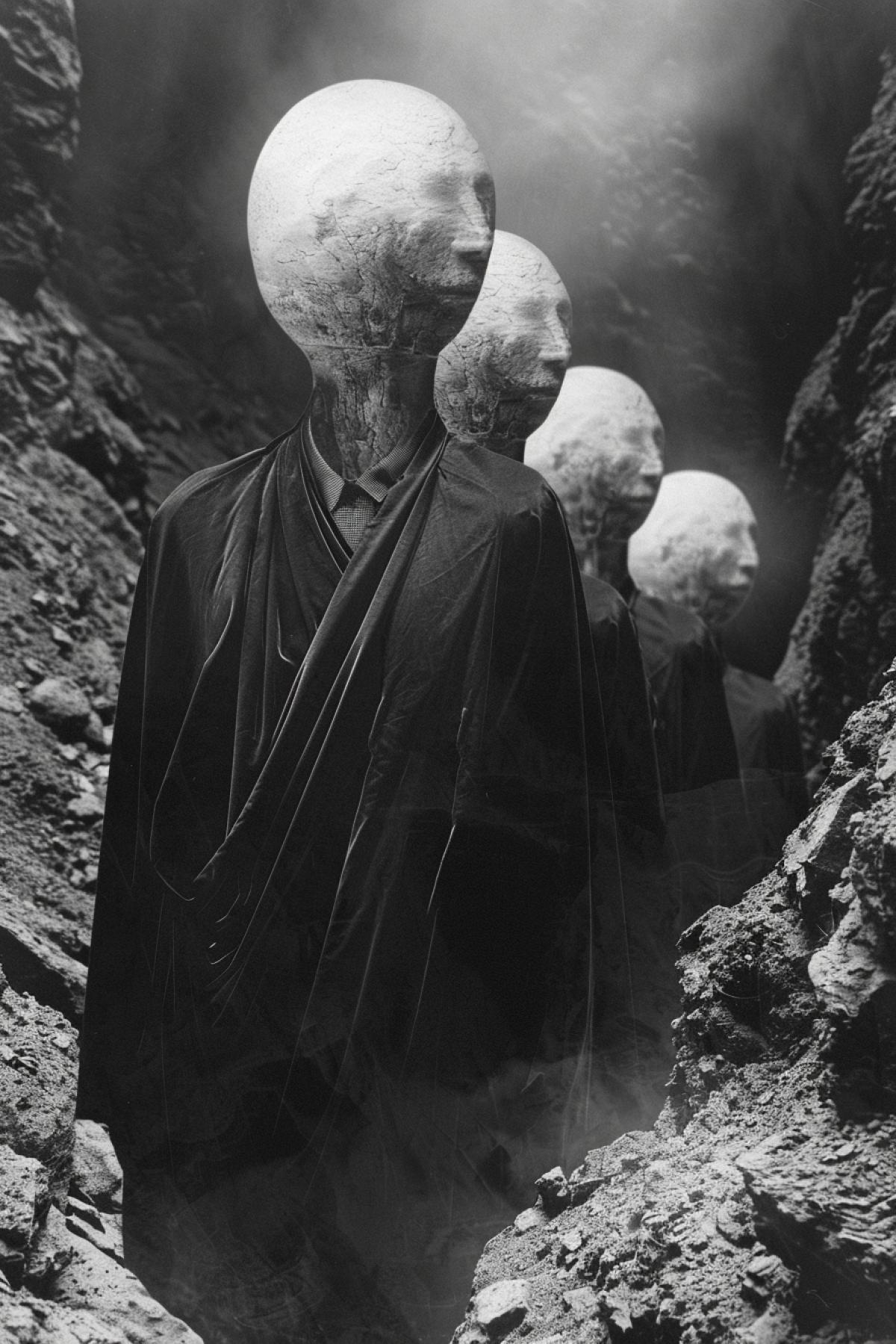 People no faces group photo portrait dark-and-white photomontage by Zdzisław Beksiński
