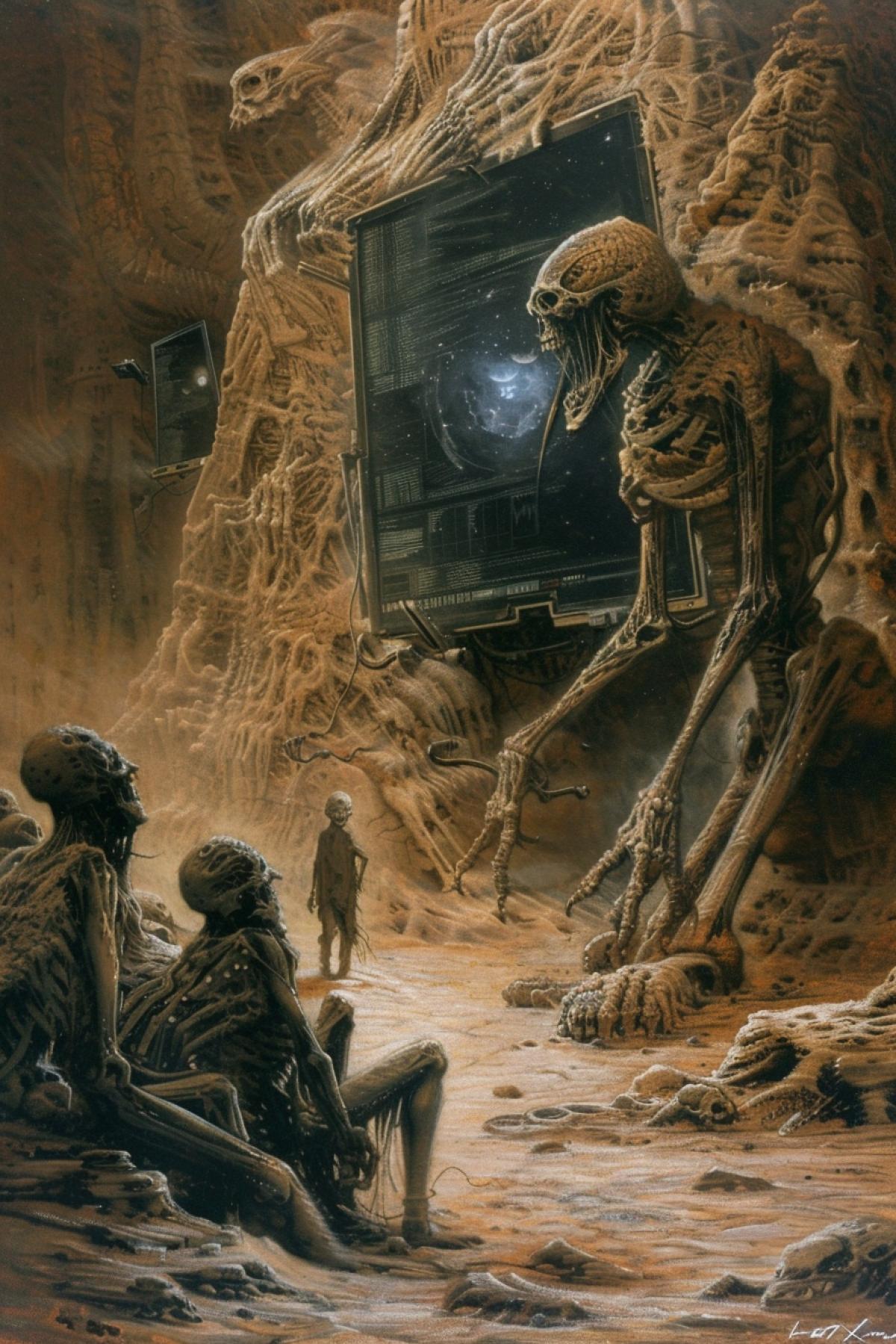 the martian monster in space desert fighting human aliens, in the style of zdzisław beksiński, an image of several people sitting in front of computer screens, in the style of post-apocalyptic surrealism, prehistoric art, post-apocalyptic backdrops, kurt wenner, dusty piles, fantastic grotesque, mushroomcore, close-up intensity