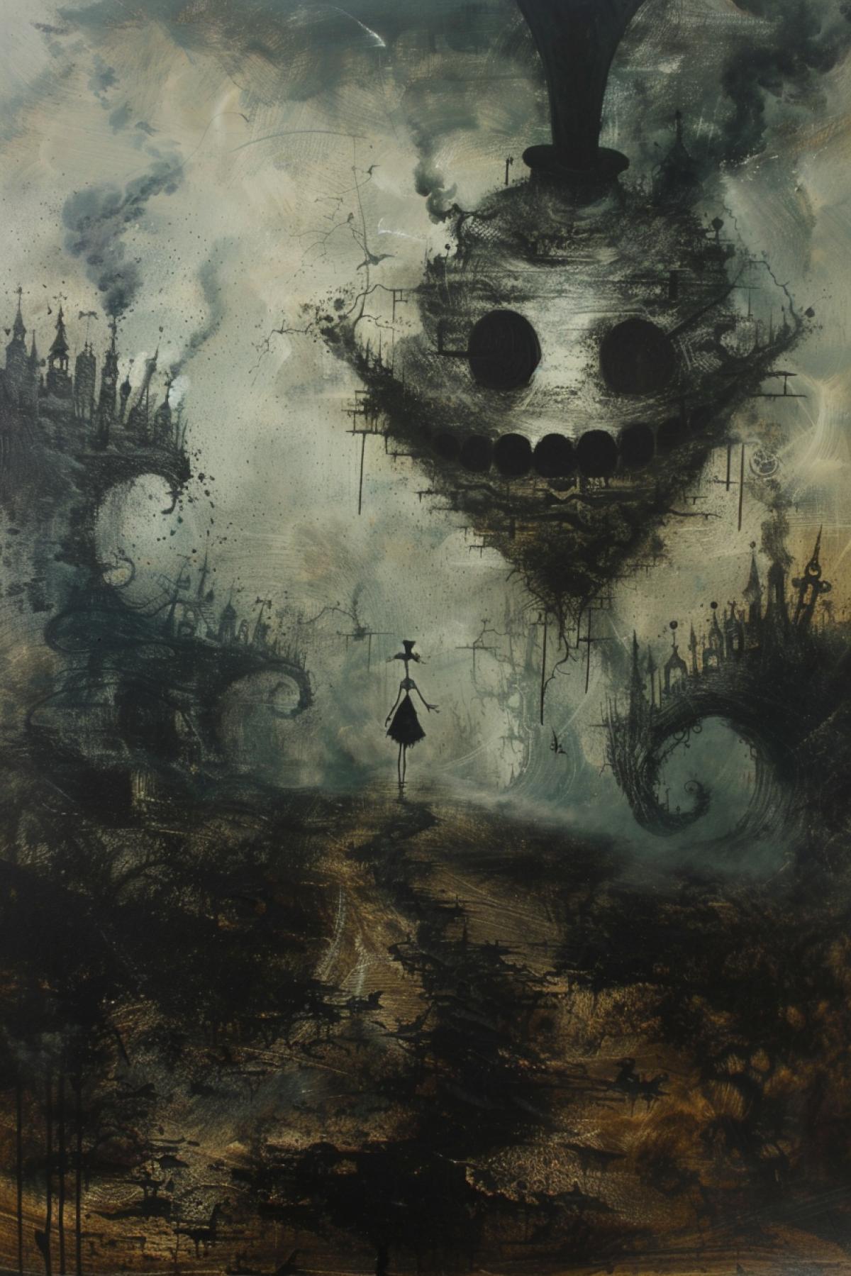 In the style of Zdzisław Beksiński, Alice in Wonderland