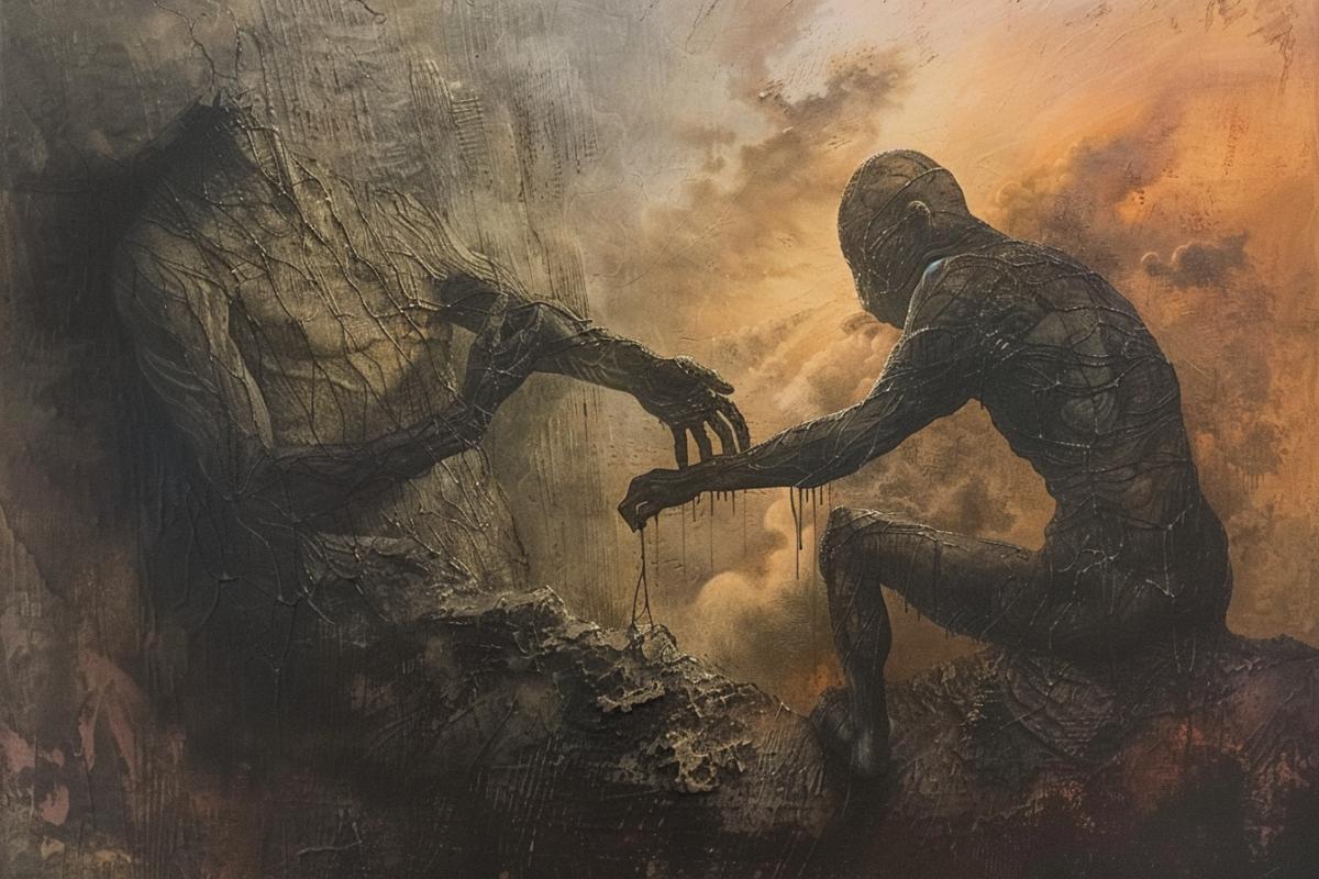 Michelangelos creation of Adam in style of zdzisław beksiński