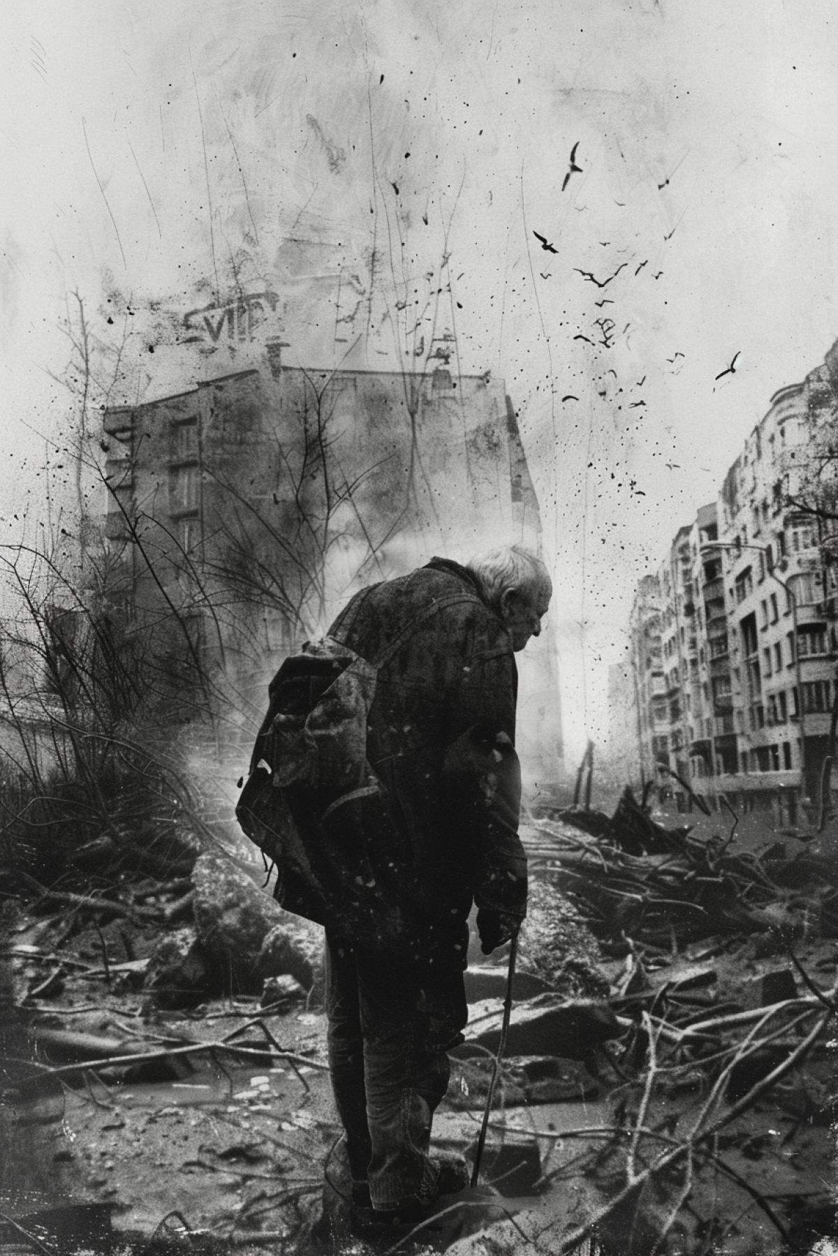 Poor dirty man old man in center of Warsaw surrealistic dark-and-white photomontage by zdzisław beksoński
