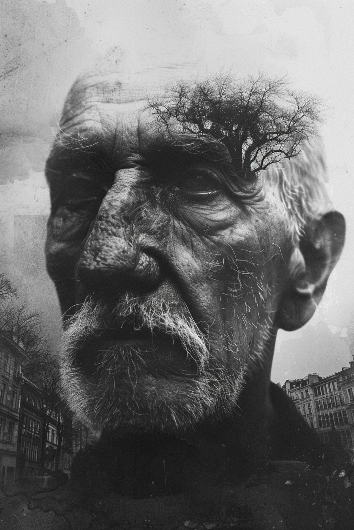 Poor dirty man old man in center of Warsaw surrealistic dark-and-white photomontage by zdzisław beksoński