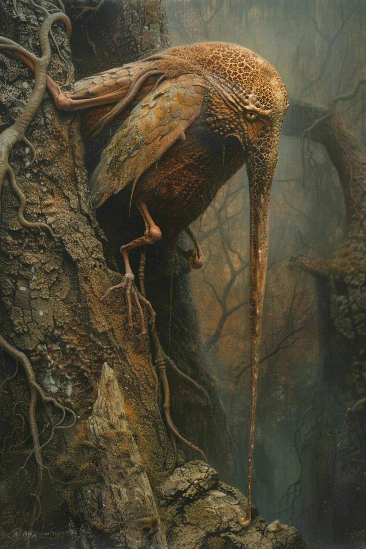 In the style of Zdzisław Beksiński, magical world, fairy-tale creatures