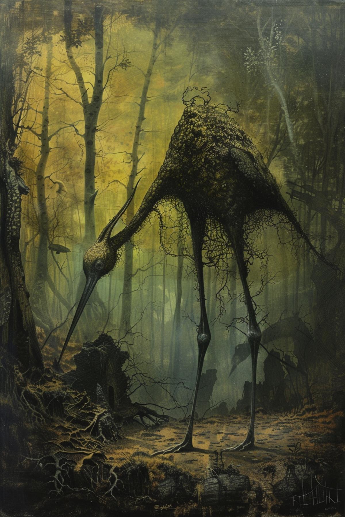 In the style of Zdzisław Beksiński, magical world, fairy-tale creatures