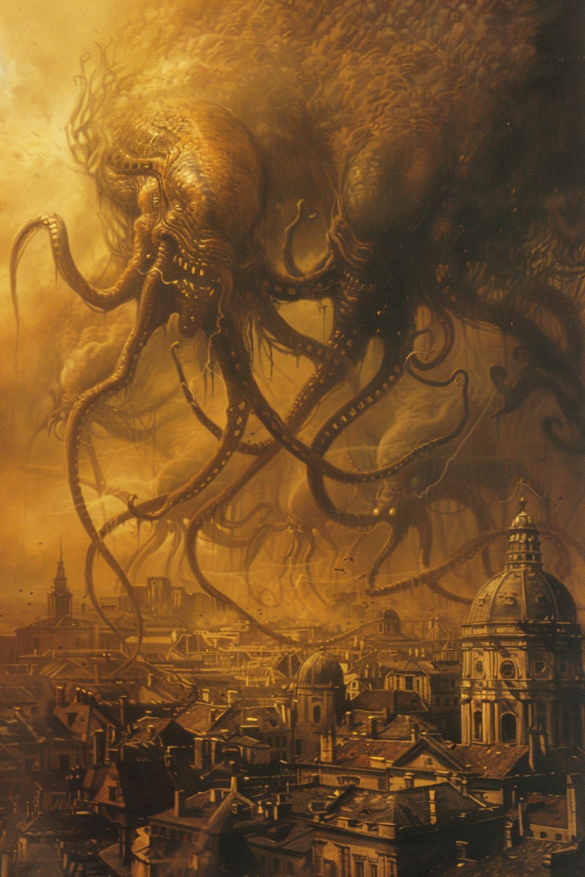 Huge creepy octopus-like aliens are attacking the city, high quality, surrealism, dystopia, good detail, In the style of Zdzislaw Beksinski