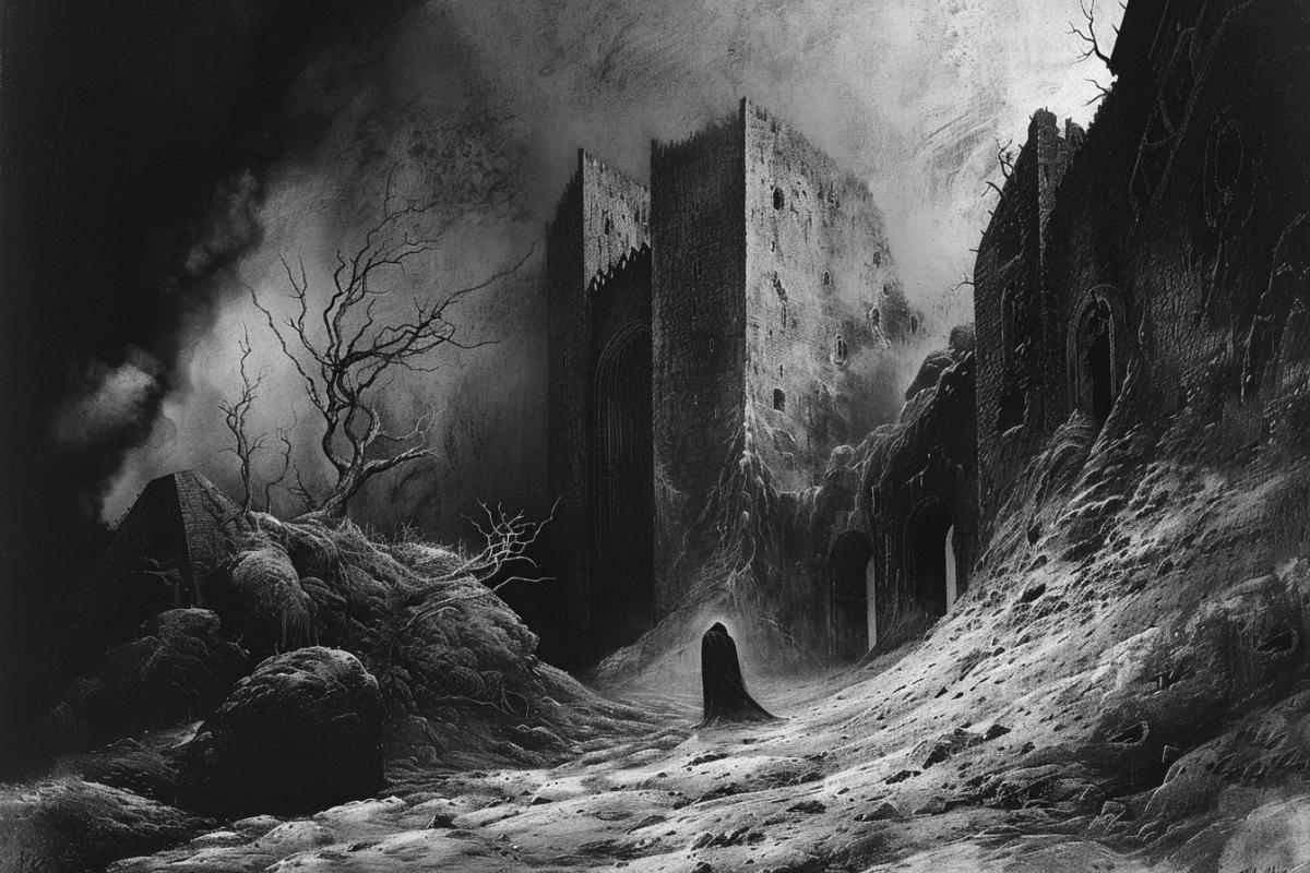 in the style of Zdzisław Beksiński, dark surrealism and fantasy. mystery, gothic elements and unusual plots.