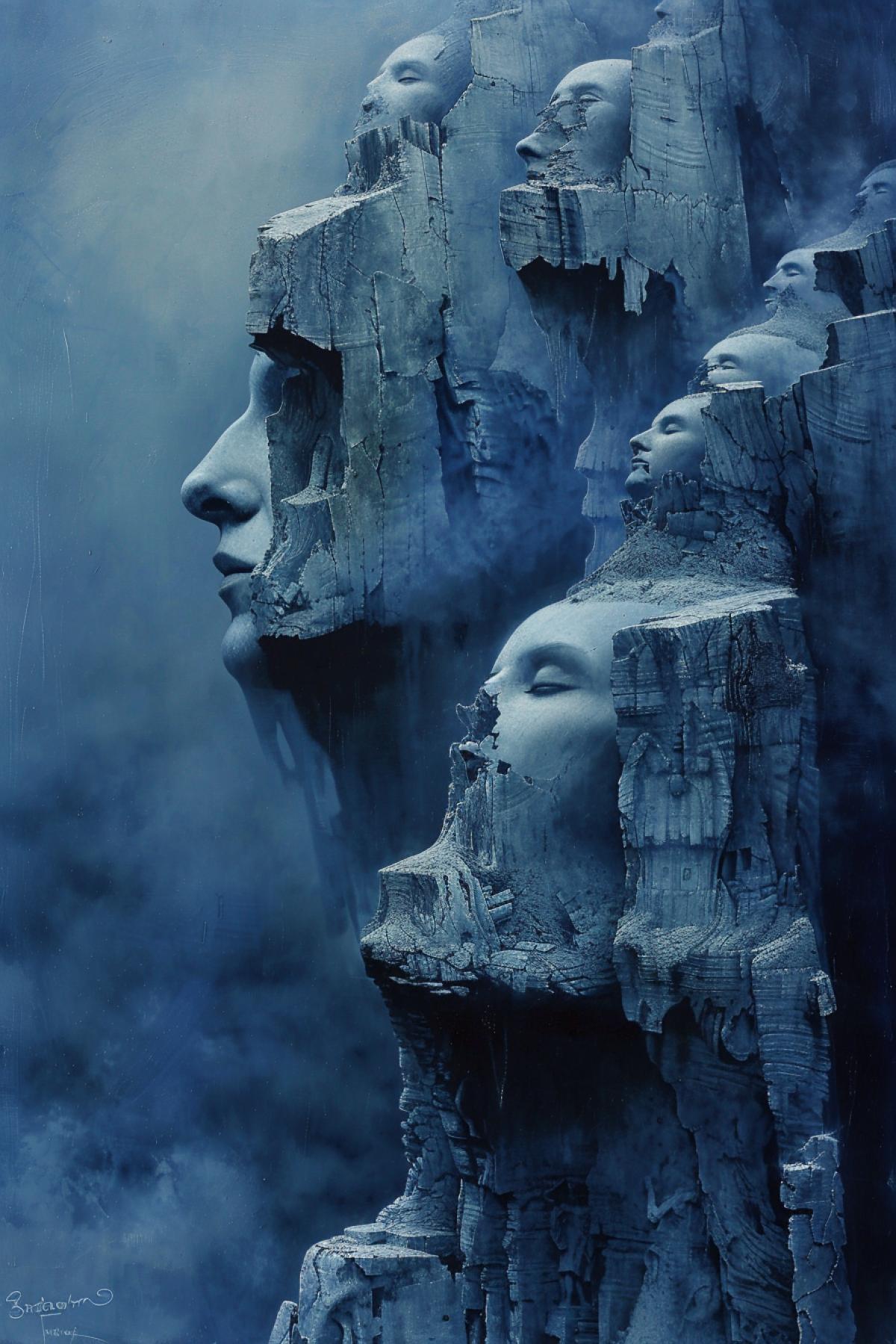 Europe today lots of details many faces high sharpness bluish palette by zdzisław beksiński