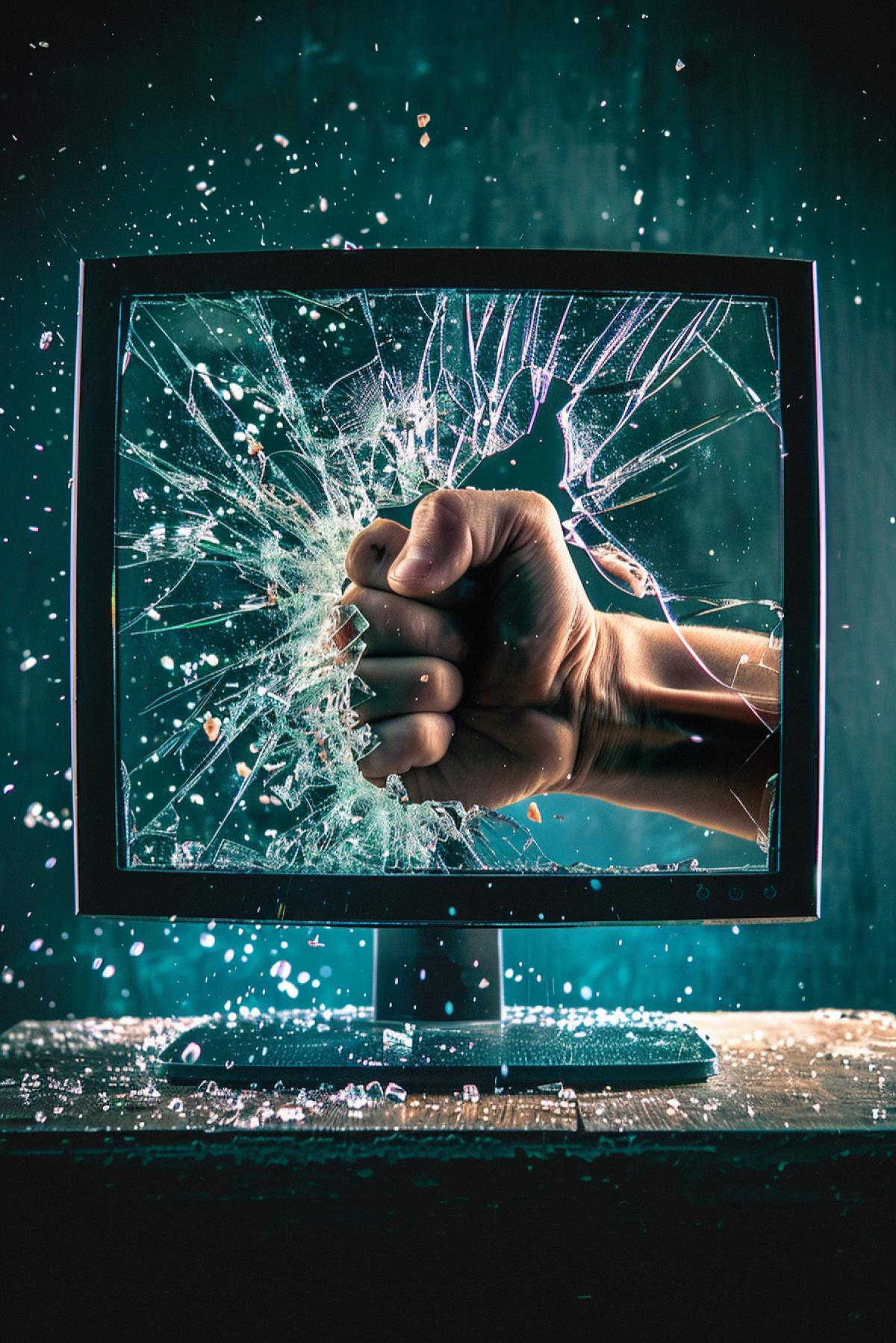 Attacking fist through monitor screen breaking it in shivers from inside to the viewer