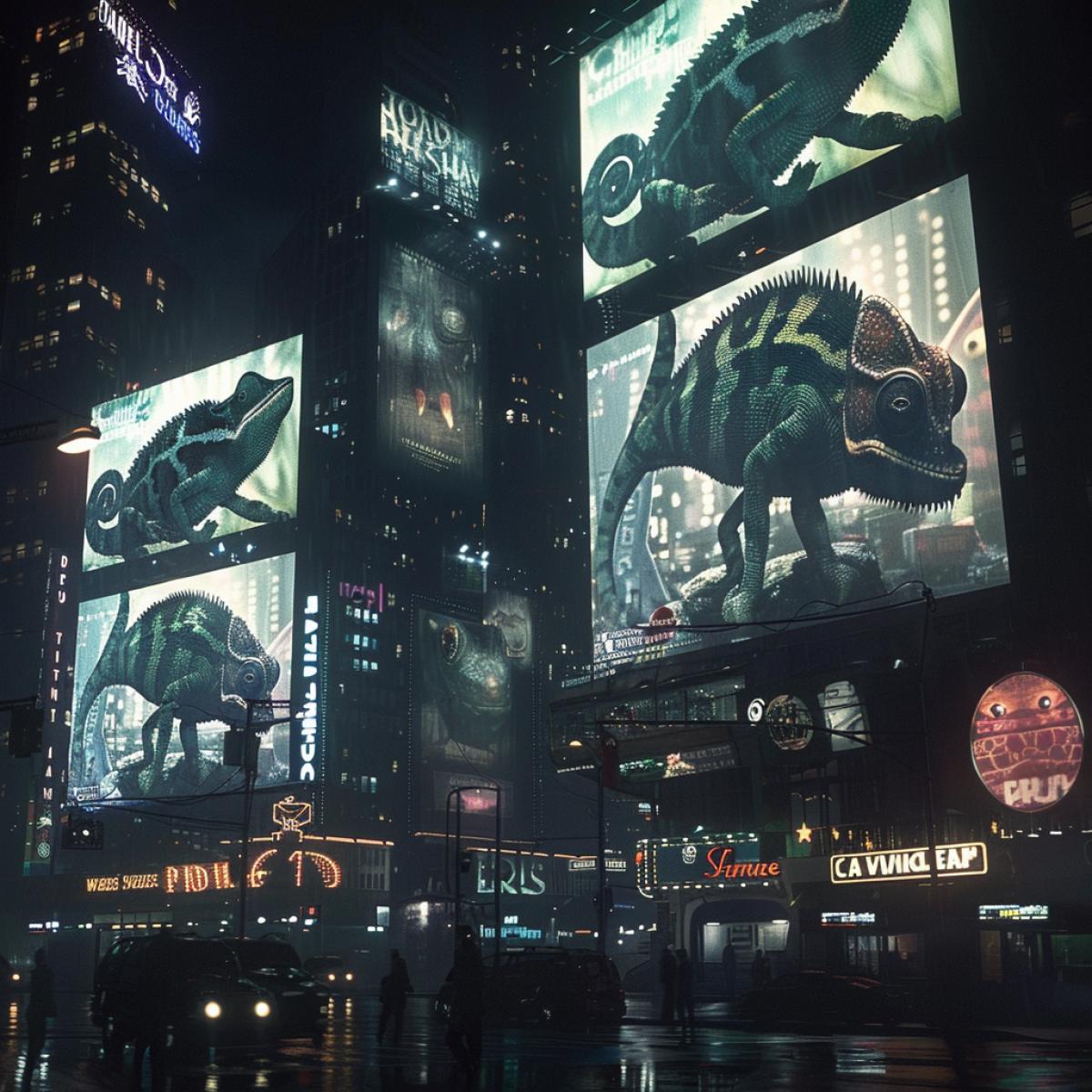 Night city, advertising screens featuring evil chameleons