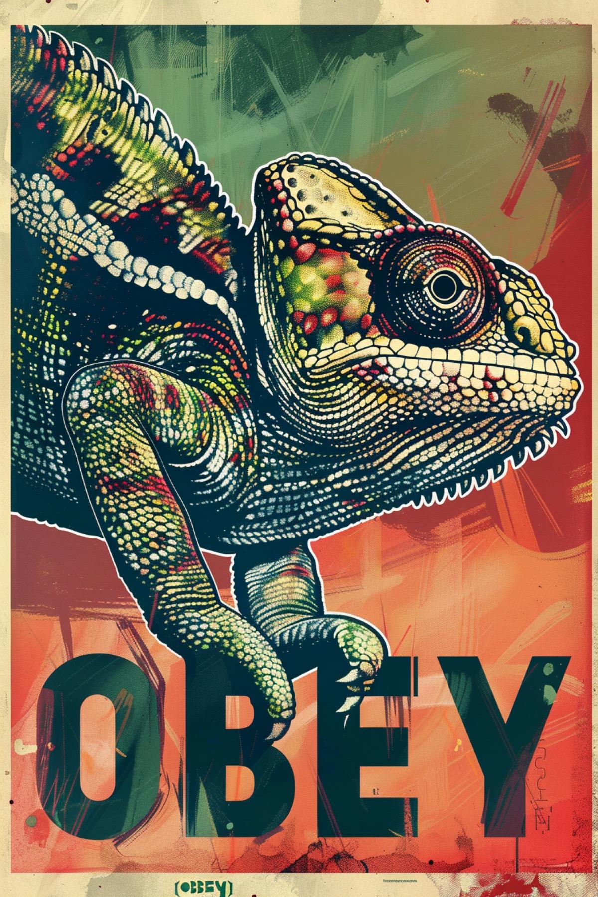 \"OBEY\" text poster with a picture of an evil chameleon.