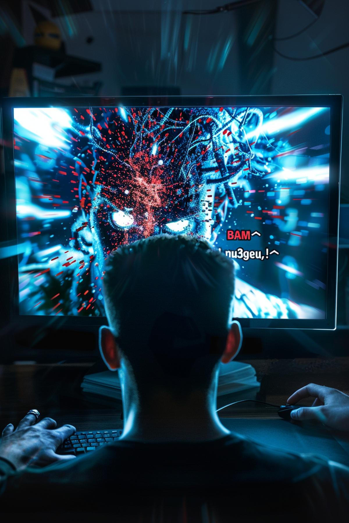 Words \"BAM\" \"nu3geu,!\" flashing on big luxury computer monitor with portrait of angry aggressive neuronet portrait penetrating 3d invading into the room